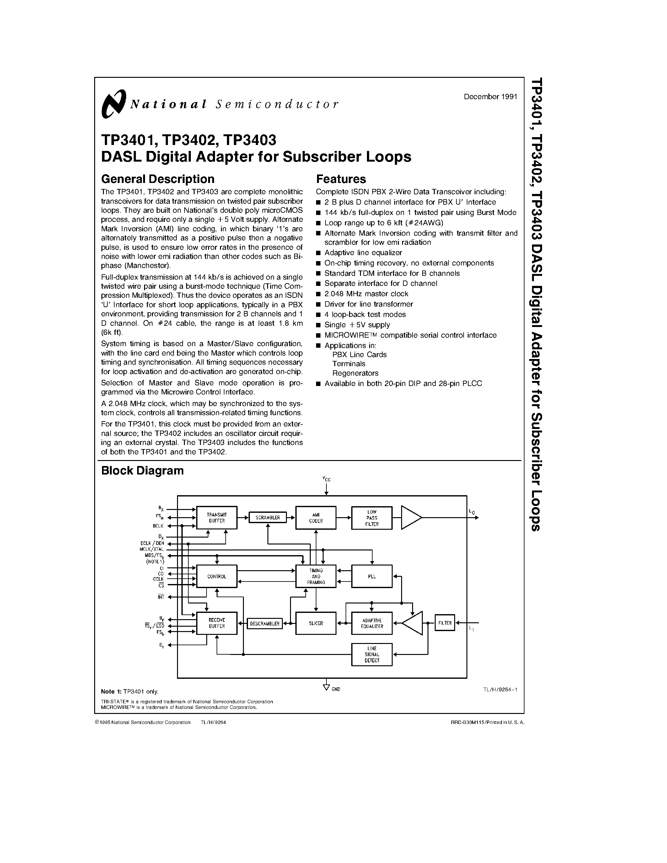Datasheet TP3401 page 1 Datasheet TP3401 - DASL Digital Adapter for Subscriber Loops page 1