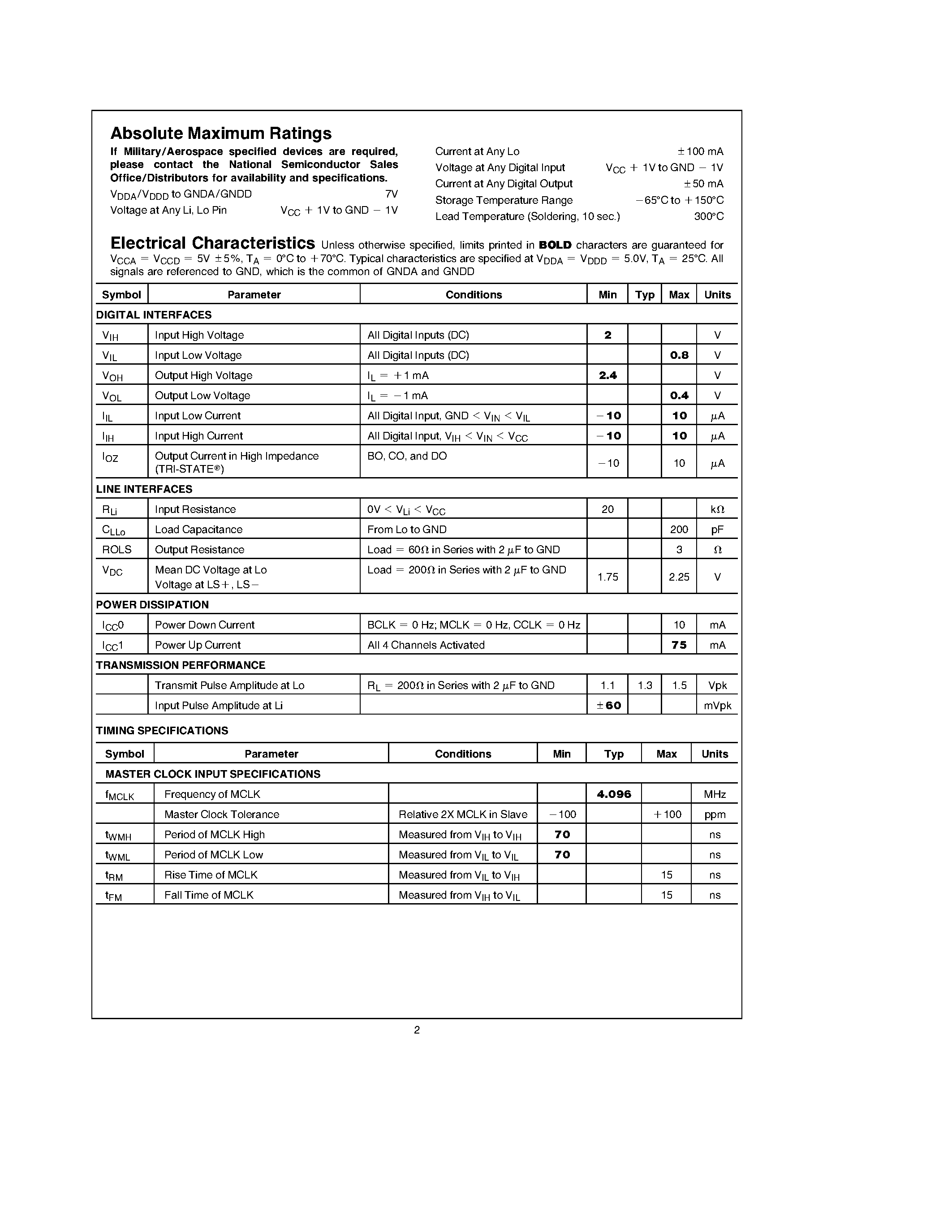Datasheet TP3404V page 2 Datasheet TP3404V - Quad Digital Adapter for Subscriber Loops (QDASL) page 2