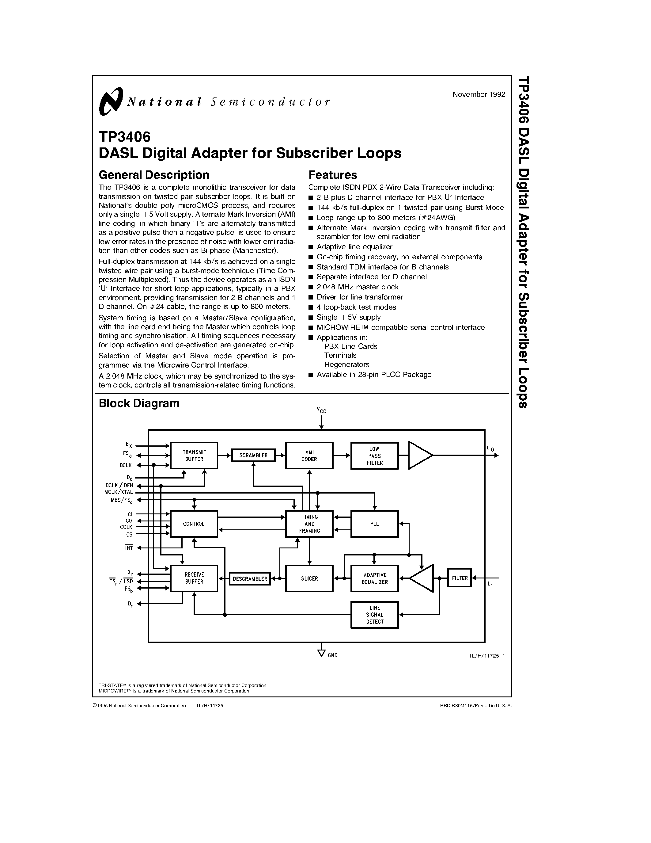 Даташит на микросхему TP3406 страница 1 Даташит TP3406 - DASL Digital Adapter for Subscriber Loops страница 1