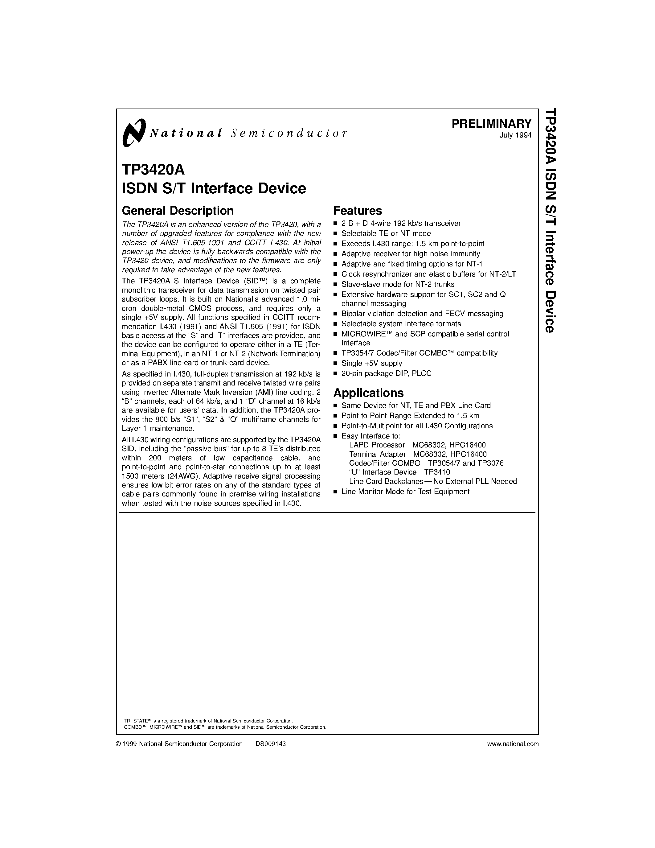 Datasheet TP3420AN page 1 Datasheet TP3420AN - ISDN S/T Interface Device page 1