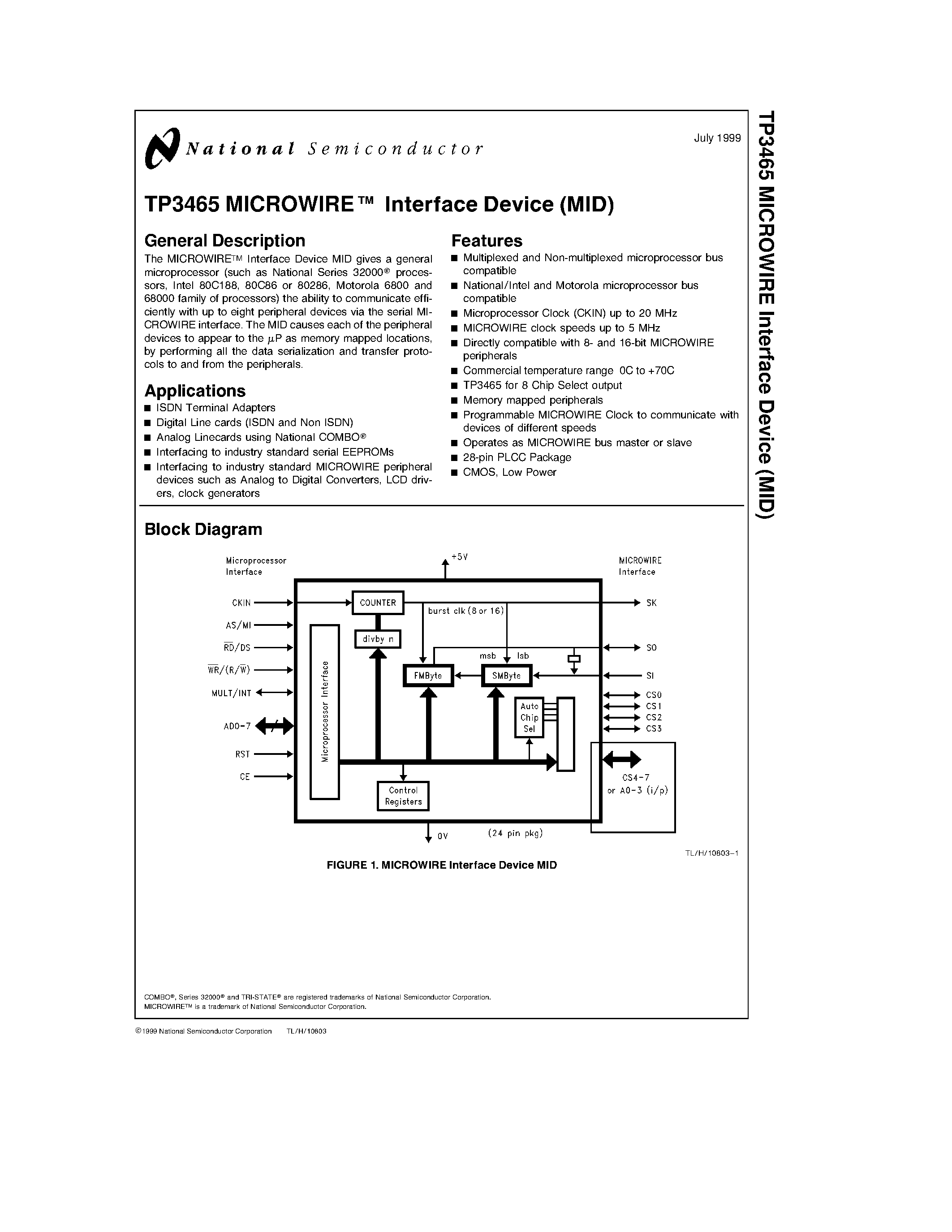 Даташит на микросхему TP3465 страница 1 Даташит TP3465 - TP3465 MICROWIRETM Interface Device (MID) страница 1
