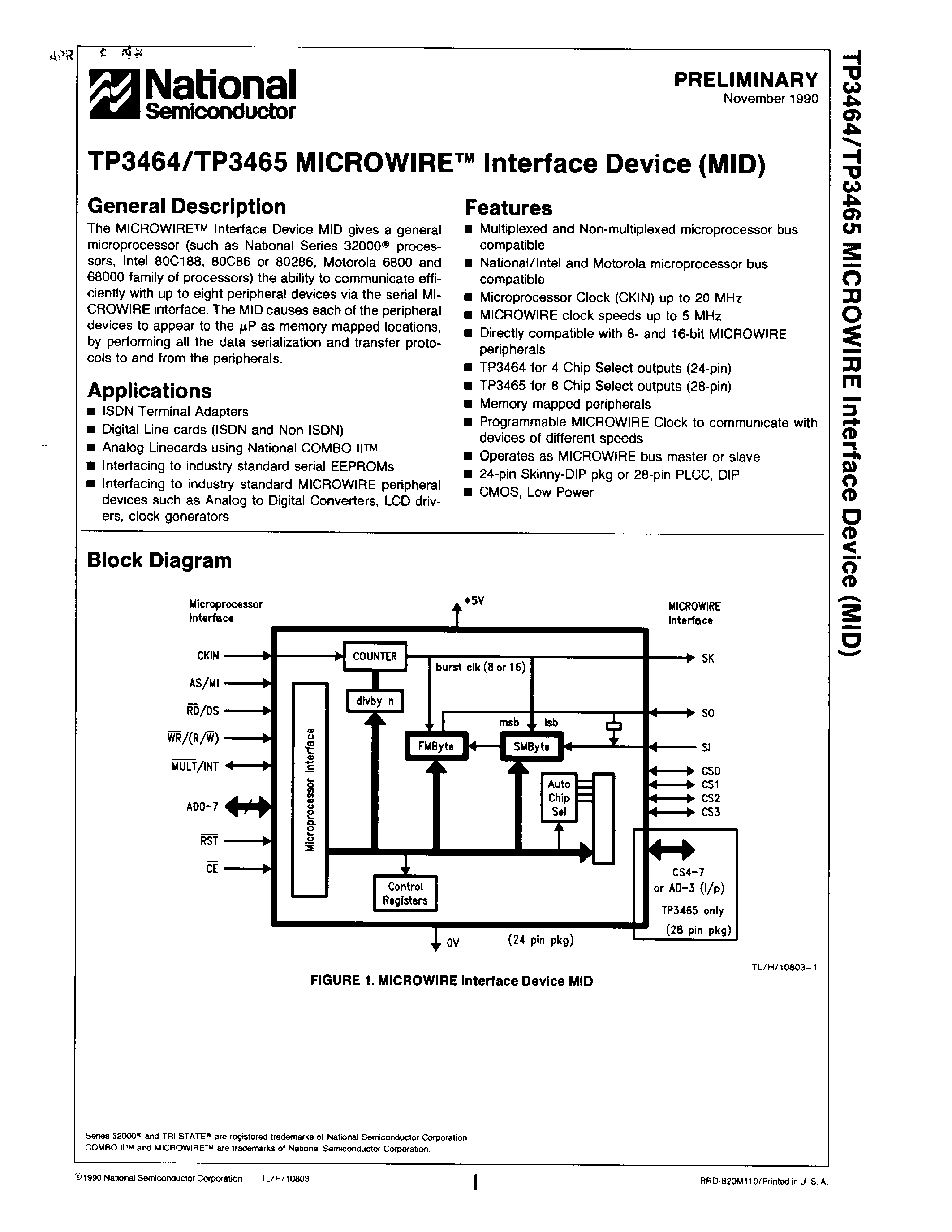Даташит на микросхему TP3465N страница 1 Даташит TP3465N - MICROWIRE Interface Device (MID) страница 1