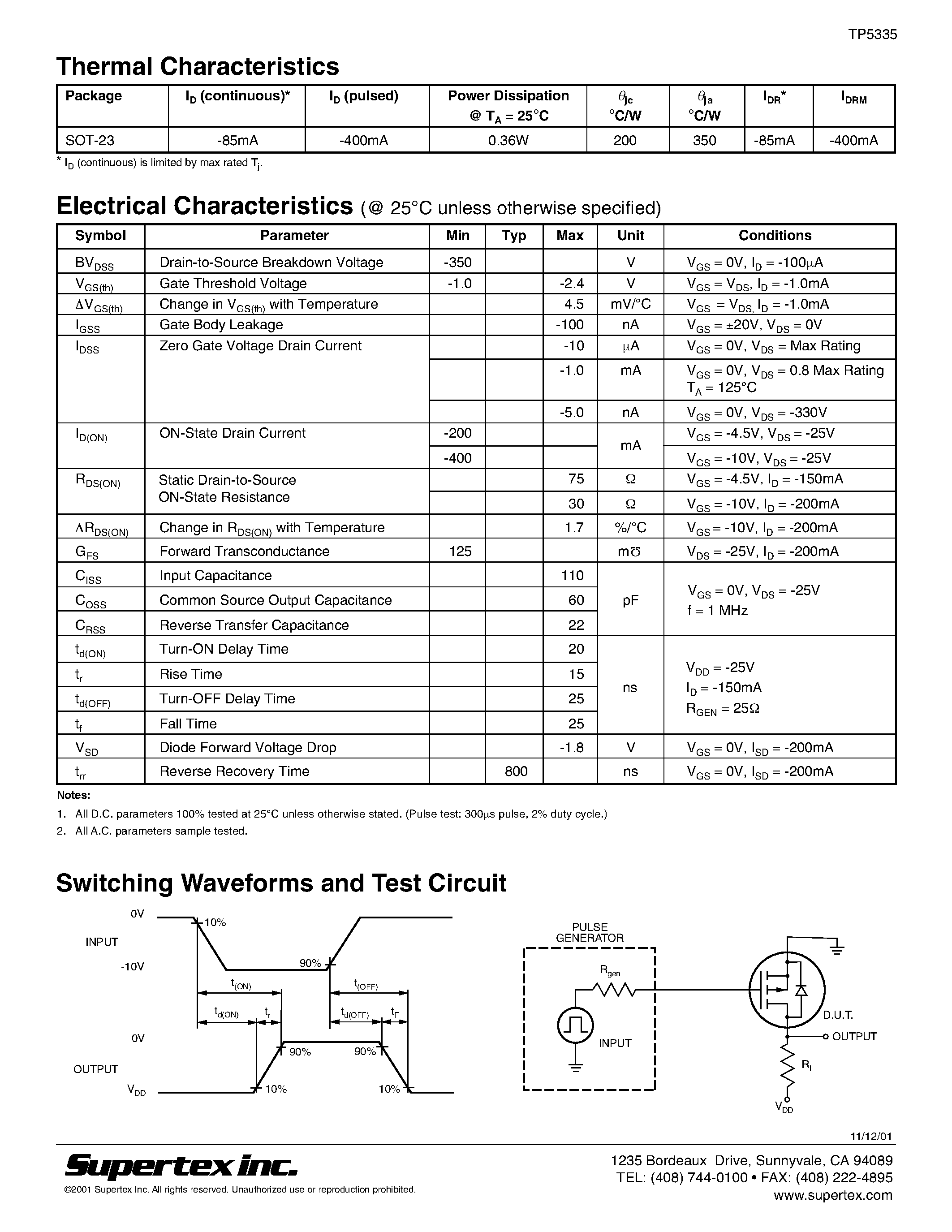 Datasheet TP5335 page 2 Datasheet TP5335 - P-Channel Enhancement-Mode Vertical DMOS FETs page 2