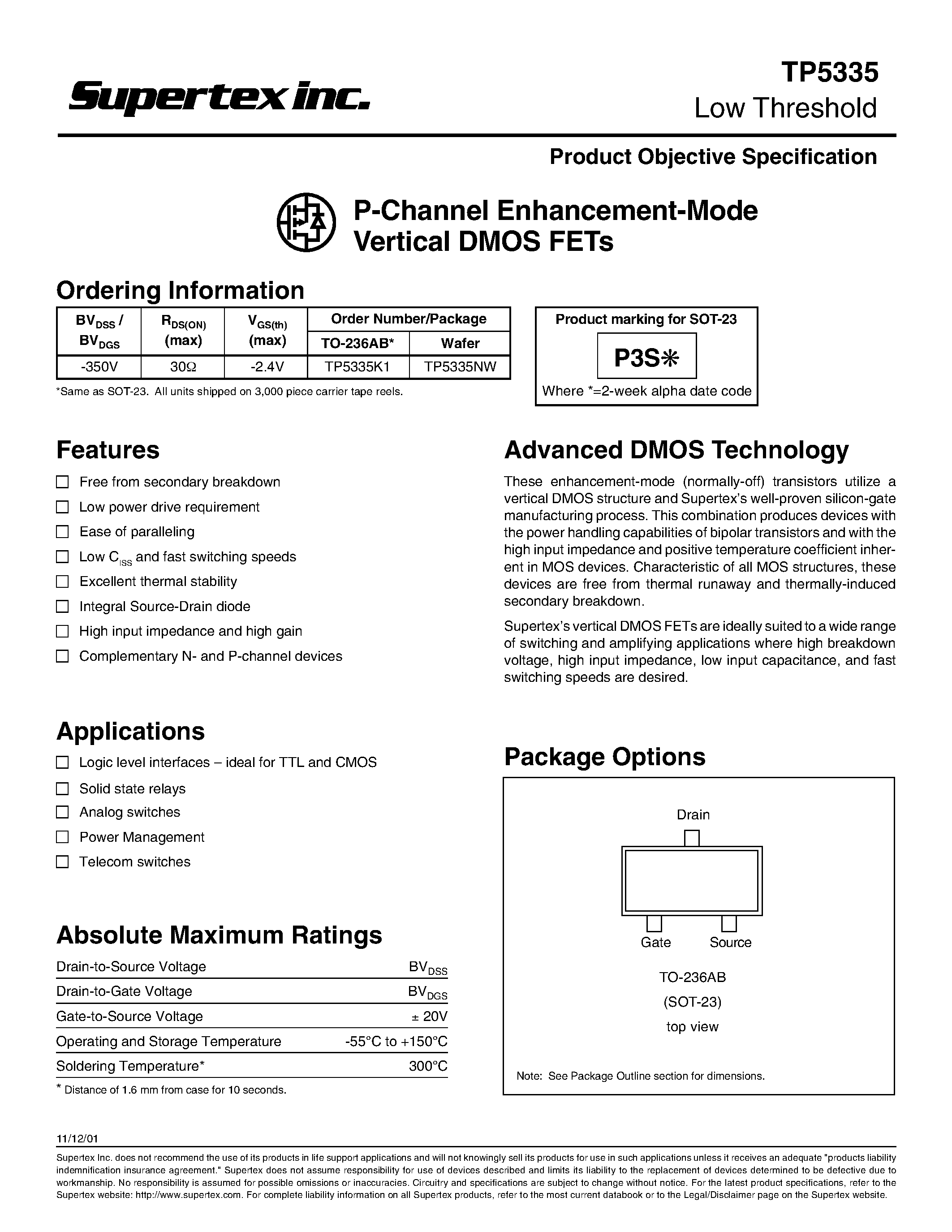 Datasheet TP5335K1 - P-Channel Enhancement-Mode Vertical DMOS FETs page 1