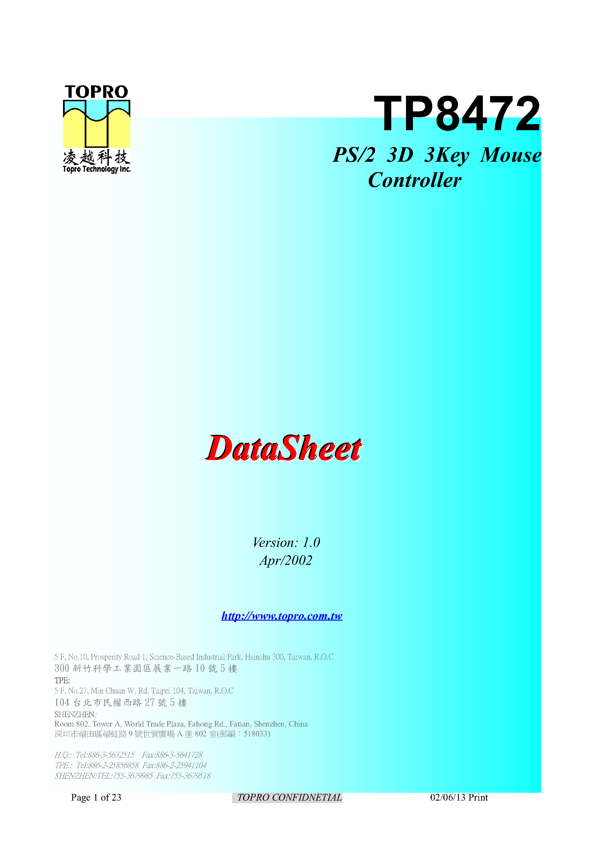 Datasheet TP8472 - PS/2 3D 3Key Mouse Controller page 1