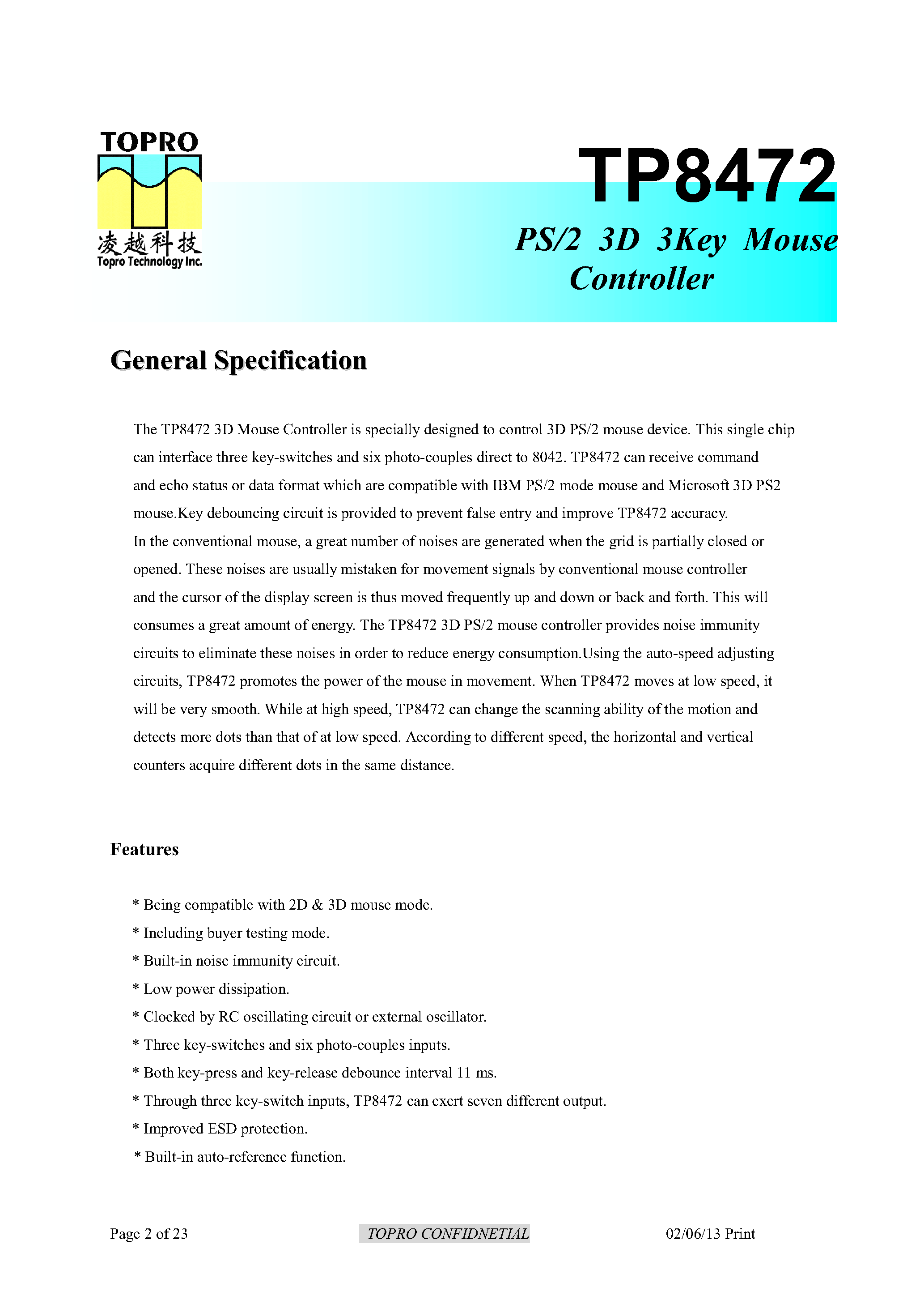 Datasheet TP8472AP - PS/2 3D 3Key Mouse Controller page 2