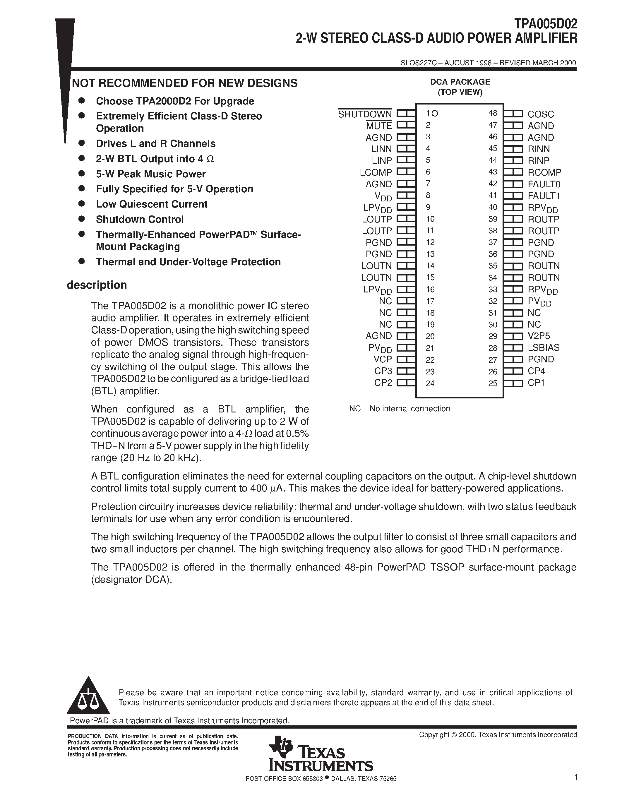 Datasheet TPA005D02 - 2-W STEREO CLASS-D AUDIO POWER AMPLIFIER page 1