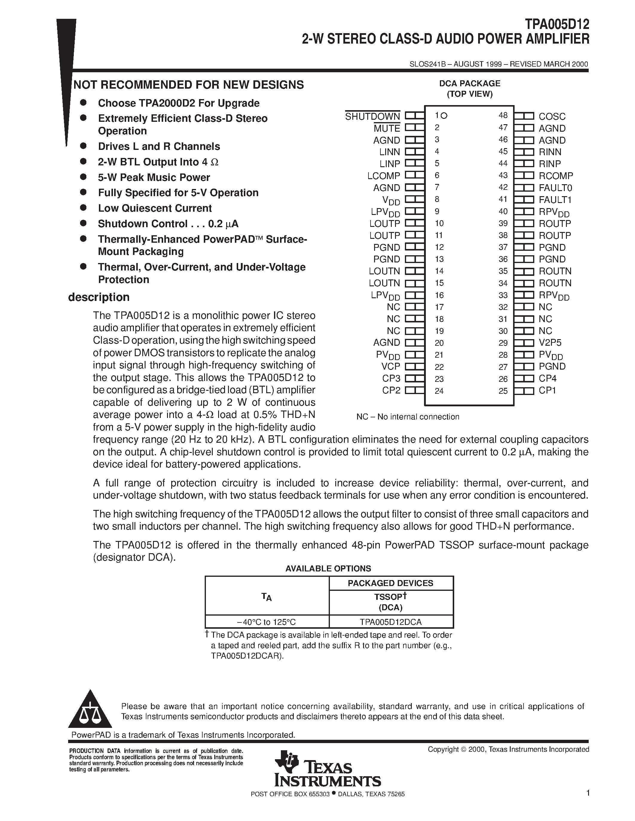 Datasheet TPA005D12 - 2-W STEREO CLASS-D AUDIO POWER AMPLIFIER page 1