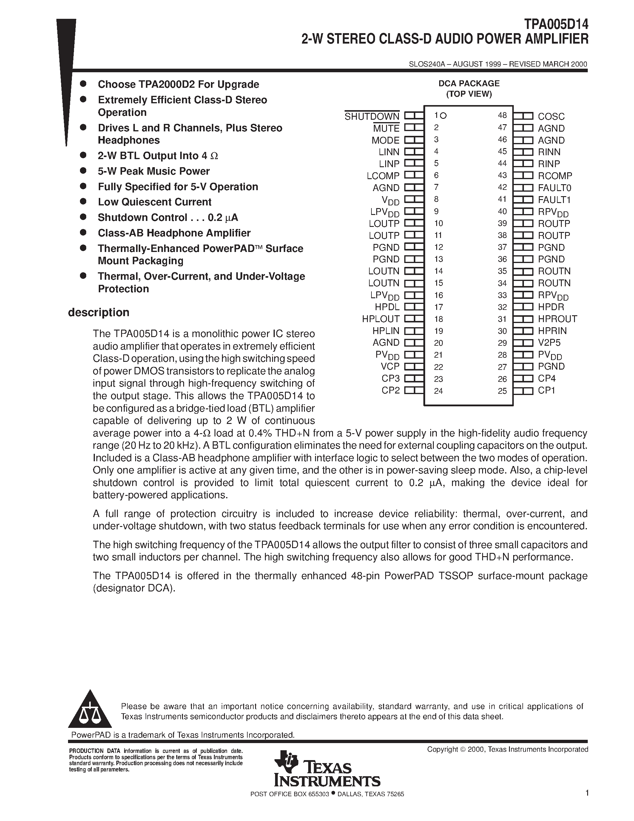 Datasheet TPA005D14 - 2-W STEREO CLASS-D AUDIO POWER AMPLIFIER page 1