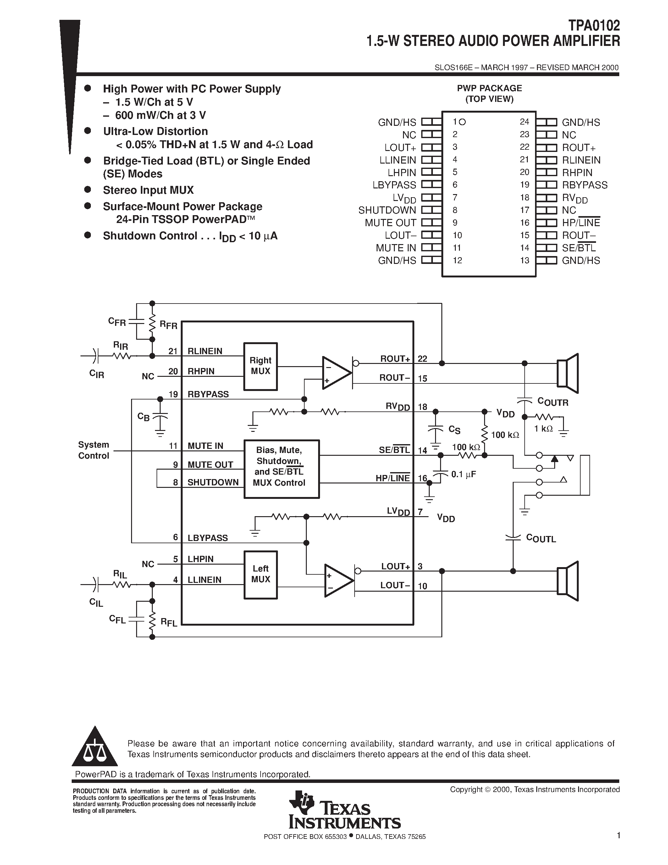 Datasheet TPA0102 - 1.5-W STEREO AUDIO POWER AMPLIFIER page 1