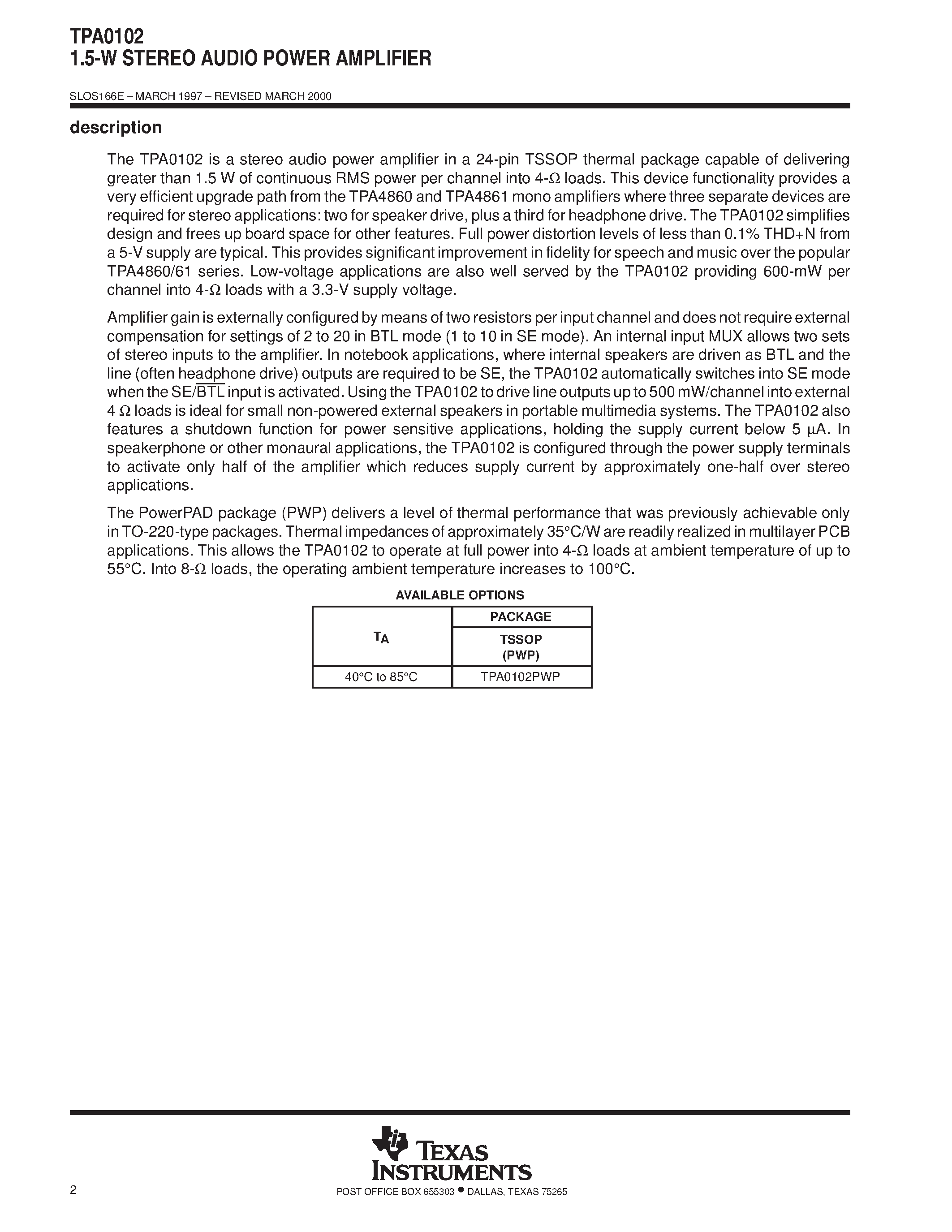 Datasheet TPA0102 - 1.5-W STEREO AUDIO POWER AMPLIFIER page 2