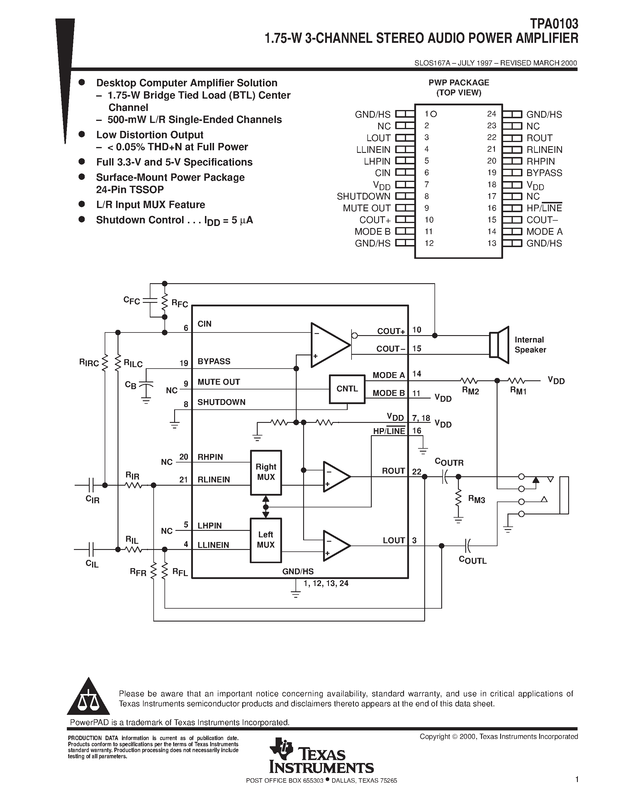 Datasheet TPA0103 - 1.75-W 3-CHANNEL STEREO AUDIO POWER AMPLIFIER page 1