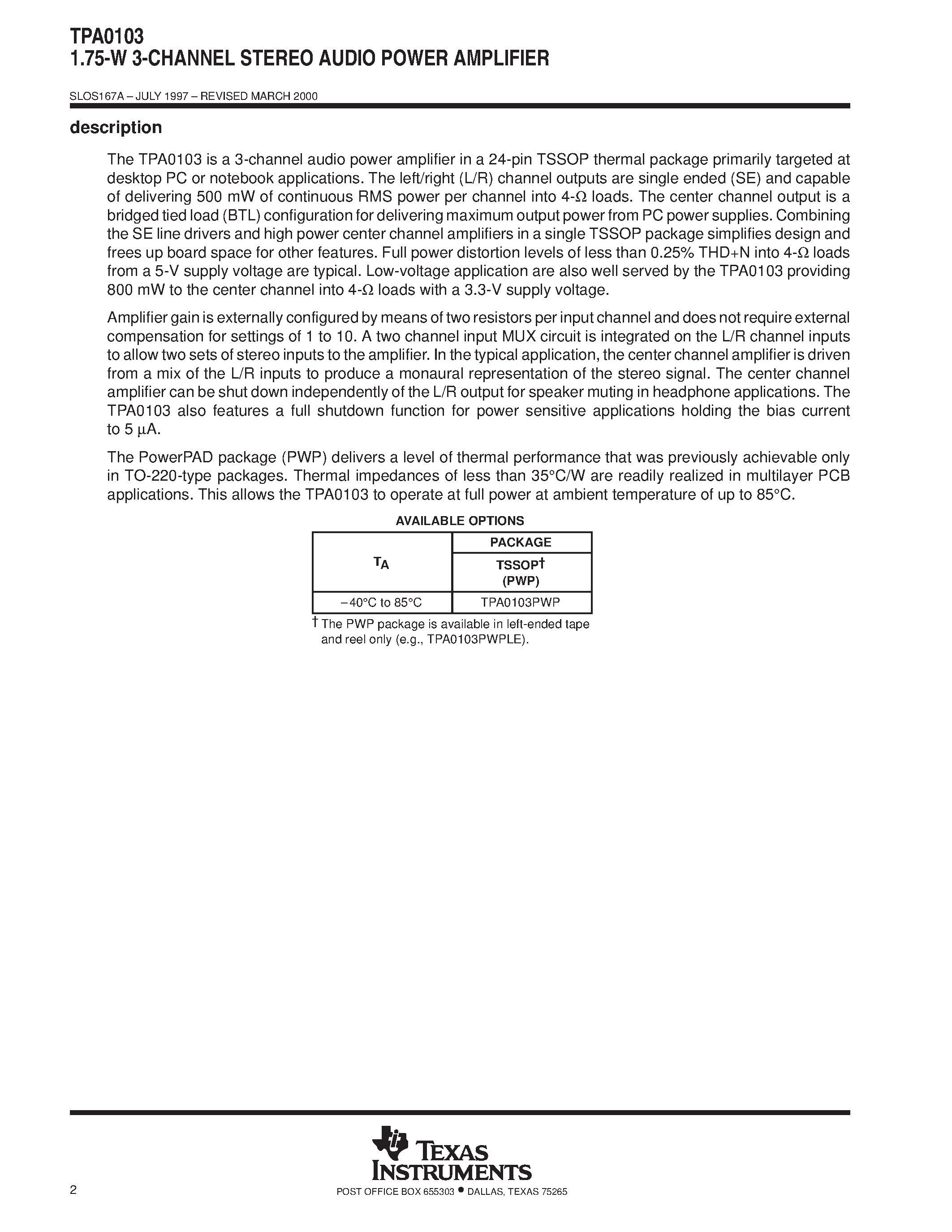 Datasheet TPA0103 - 1.75-W 3-CHANNEL STEREO AUDIO POWER AMPLIFIER page 2