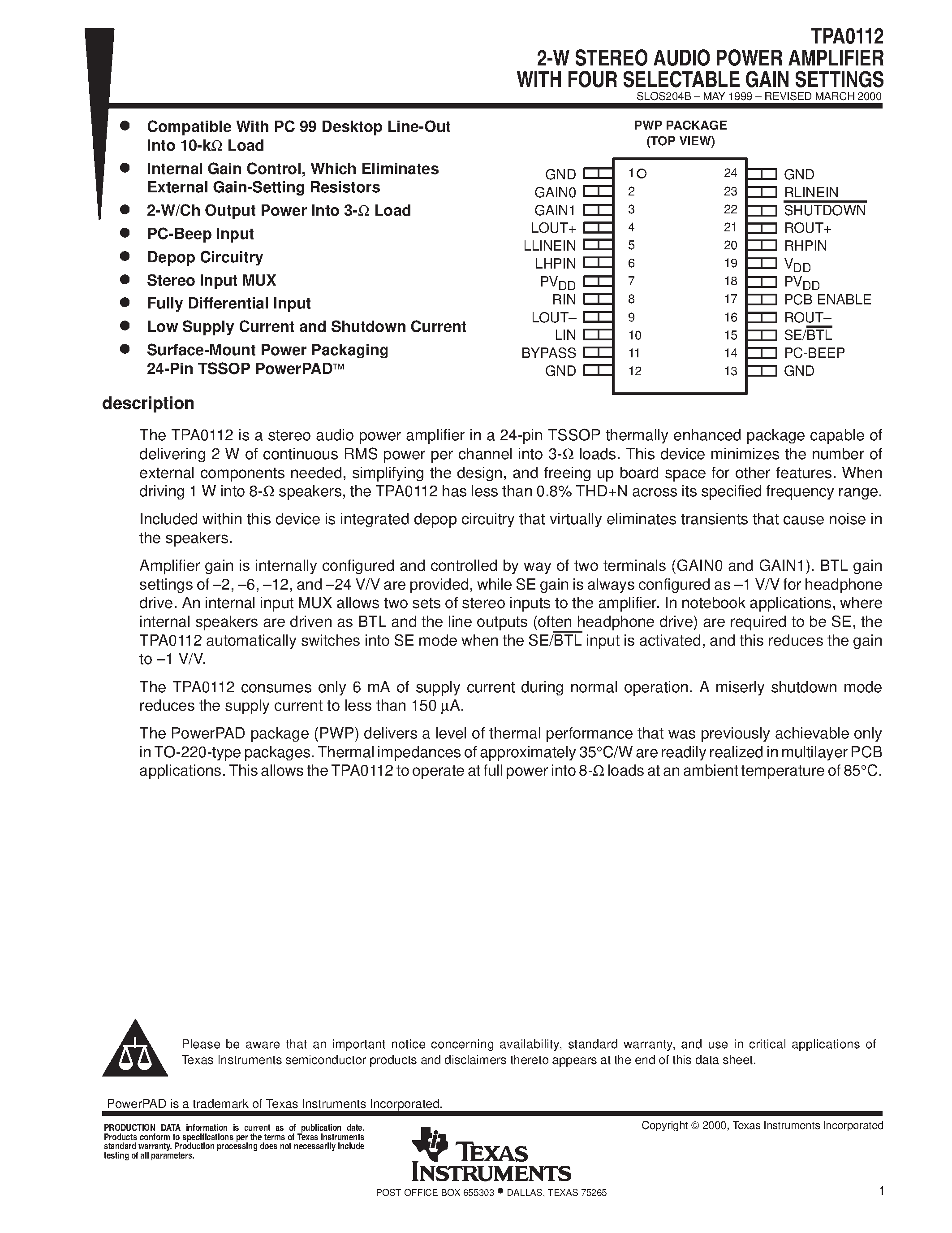 Datasheet TPA0112 - 2-W STEREO AUDIO POWER AMPLIFIER WITH FOUR SELECTABLE GAIN SETTINGS page 1