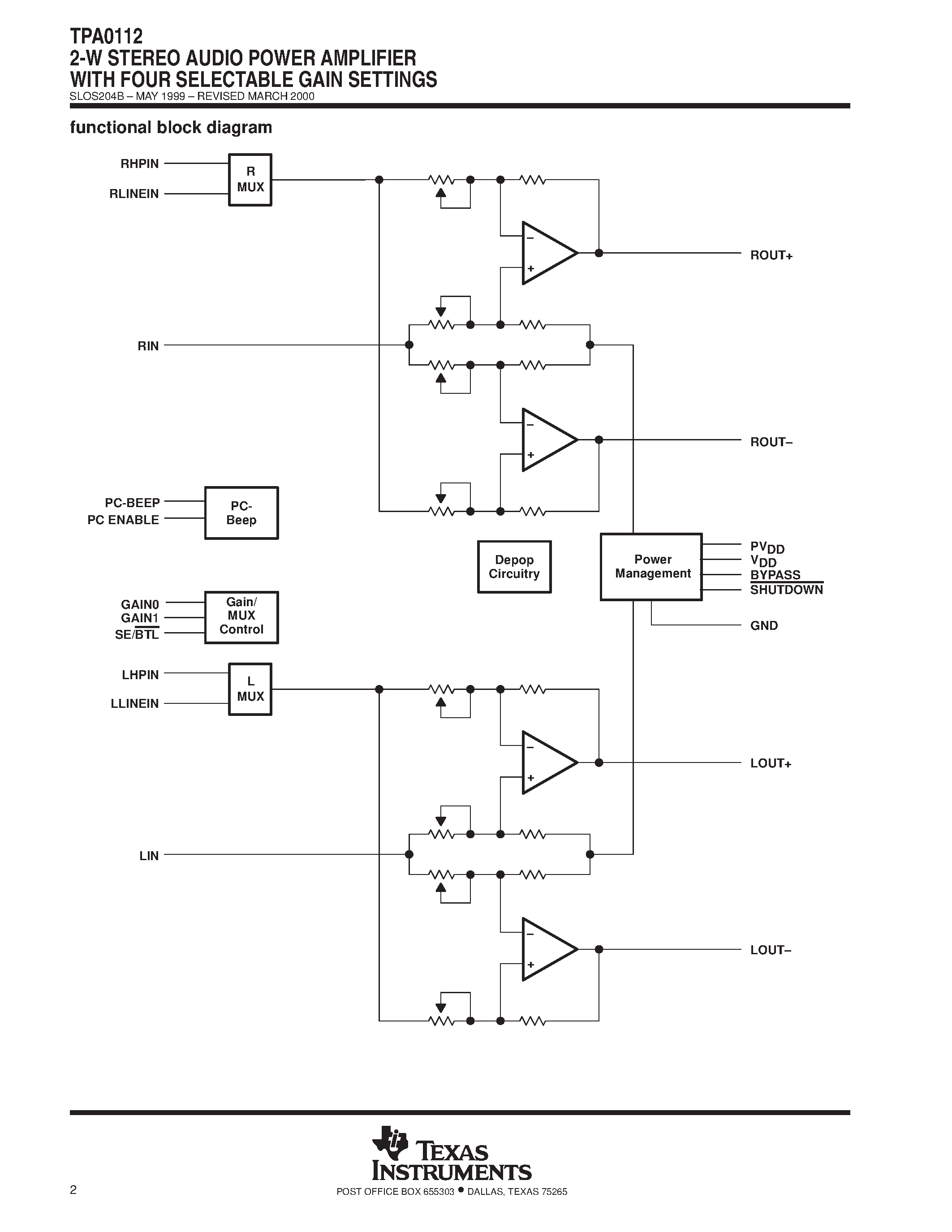 Datasheet TPA0112 - 2-W STEREO AUDIO POWER AMPLIFIER WITH FOUR SELECTABLE GAIN SETTINGS page 2