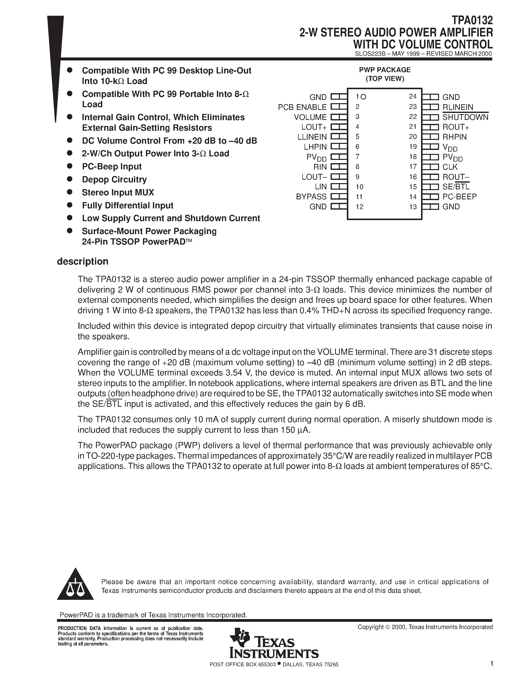 Datasheet TPA0132 - 2-W STEREO AUDIO POWER AMPLIFIER WITH DC VOLUME CONTROL page 1