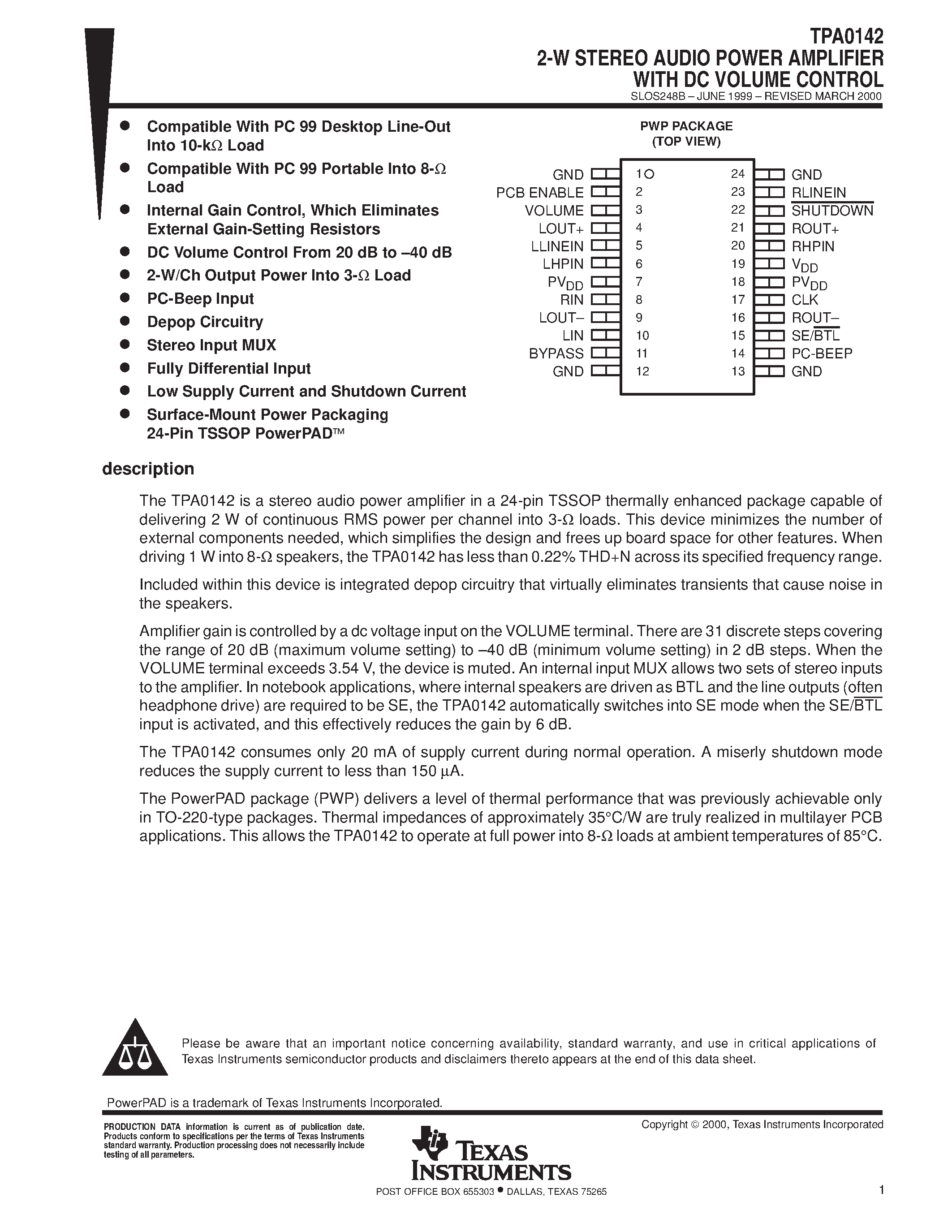 Datasheet TPA0142 - 2-W STEREO AUDIO POWER AMPLIFIER WITH DC VOLUME CONTROL page 1