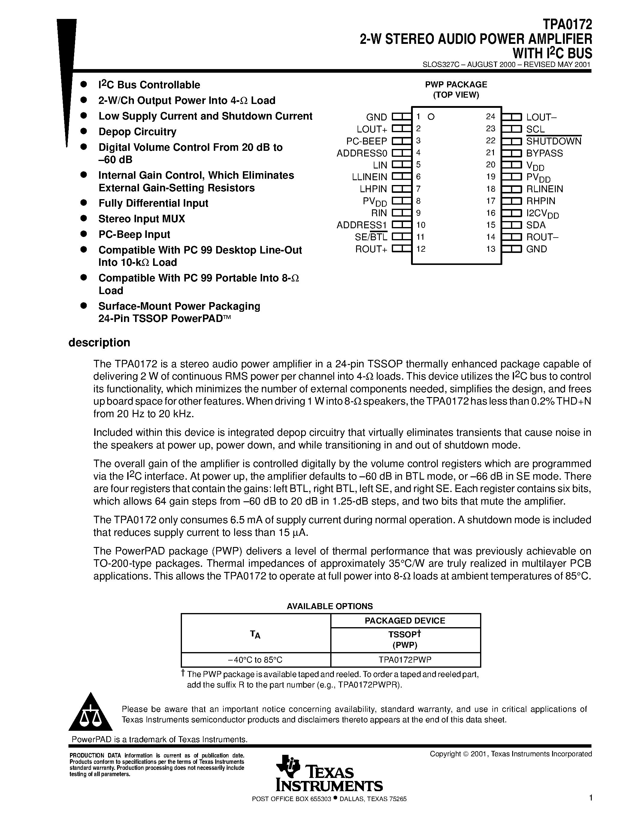 Datasheet TPA0172 page 1 Datasheet TPA0172 - 2-W STEREO AUDIO POWER AMPLIFIER WITH I2C BUS page 1