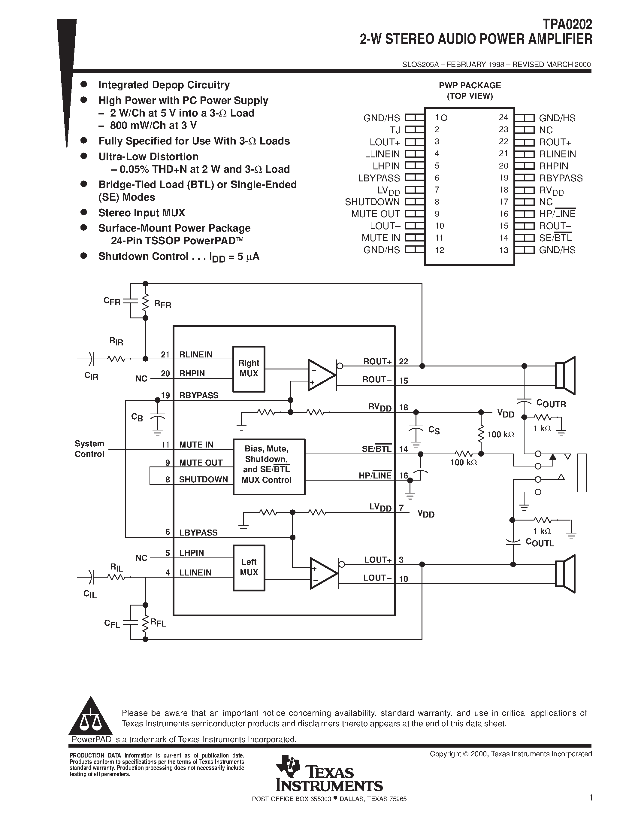 Datasheet TPA0202 - 2-W STEREO AUDIO POWER AMPLIFIER page 1