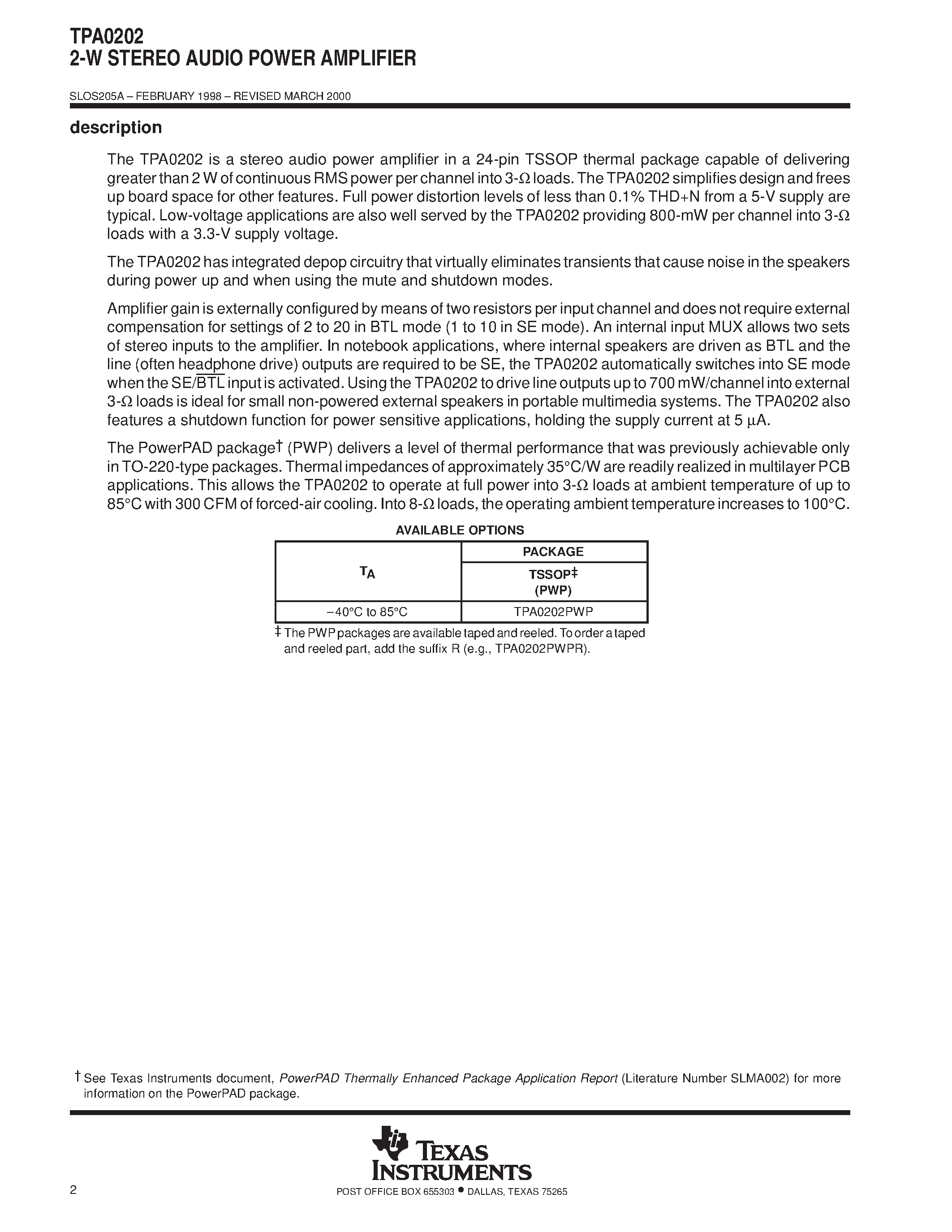 Datasheet TPA0202 - 2-W STEREO AUDIO POWER AMPLIFIER page 2