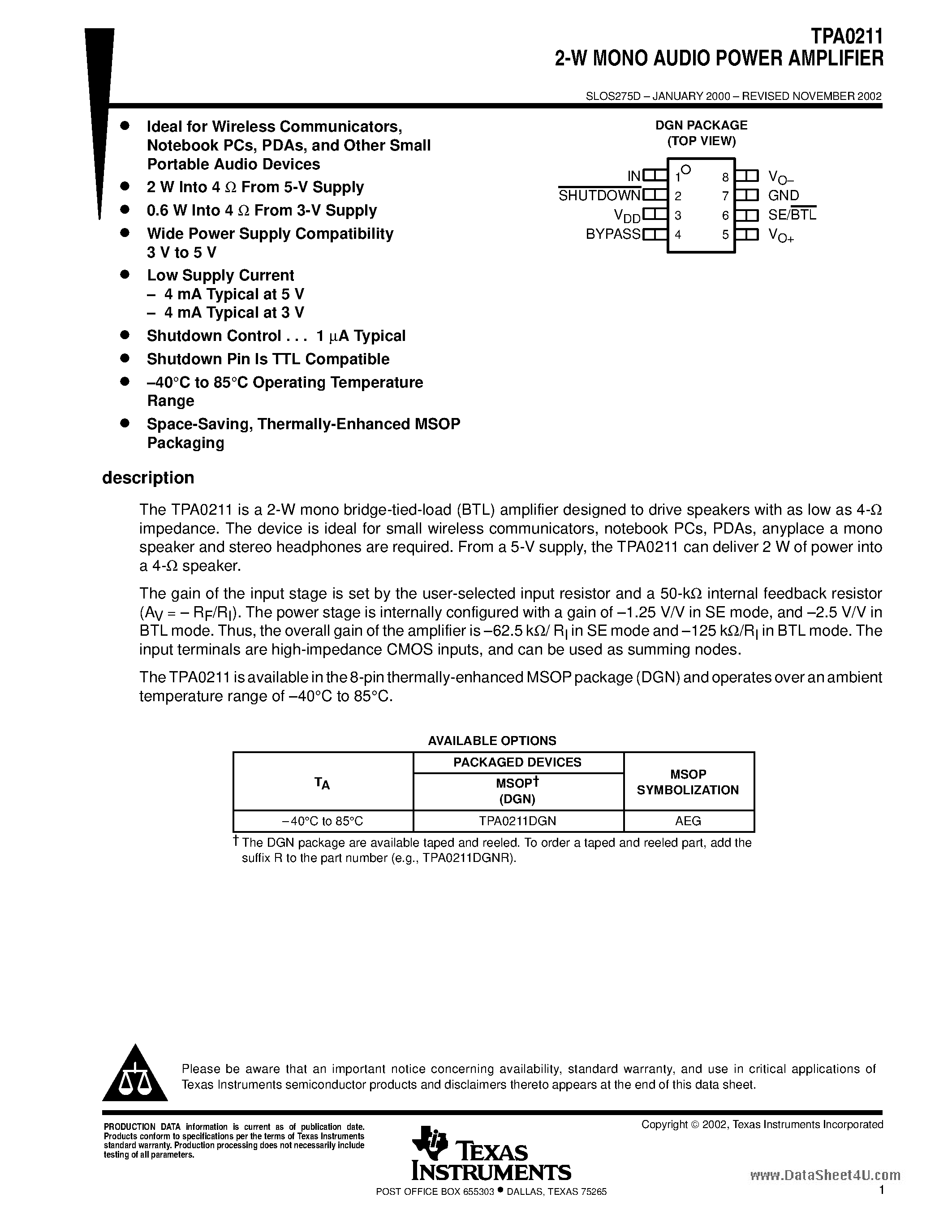 Datasheet TPA0211 - 2-W MONO AUDIO POWER AMPLIFIER page 1