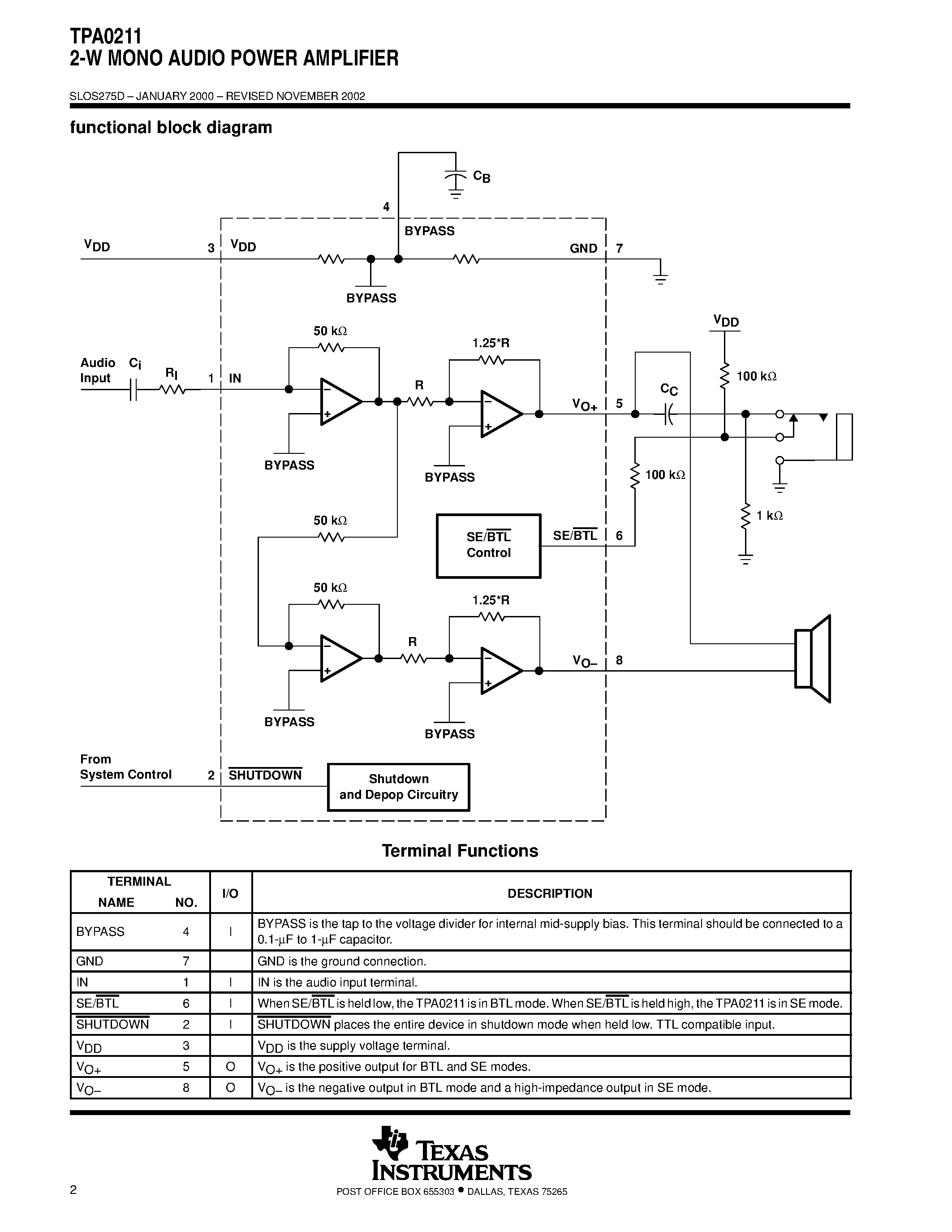 Datasheet TPA0211 - 2-W MONO AUDIO POWER AMPLIFIER page 2