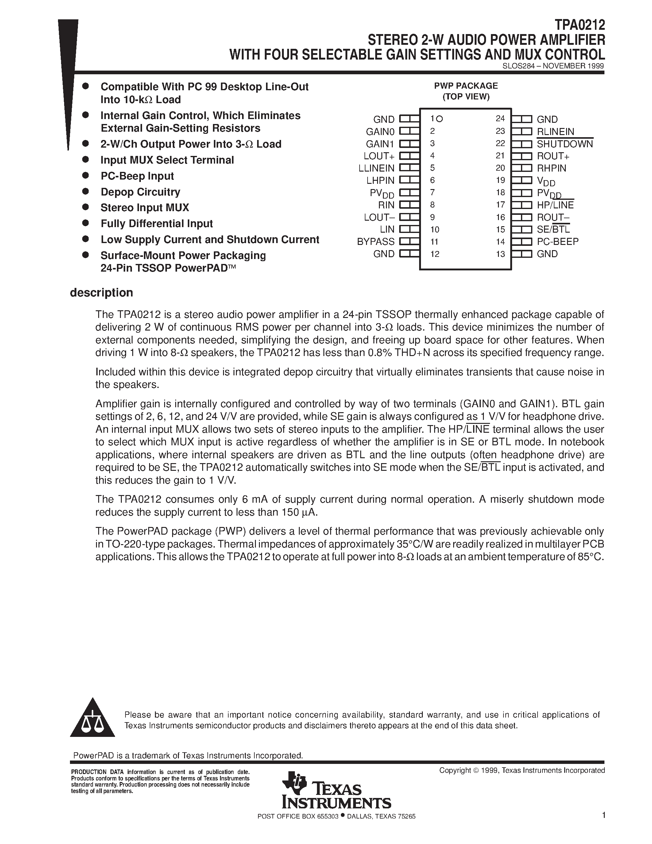 Datasheet TPA0212 - STEREO 2-W AUDIO POWER AMPLIFIER WITH FOUR SELECTABLE GAIN SETTINGS AND MUX CONTROL page 1