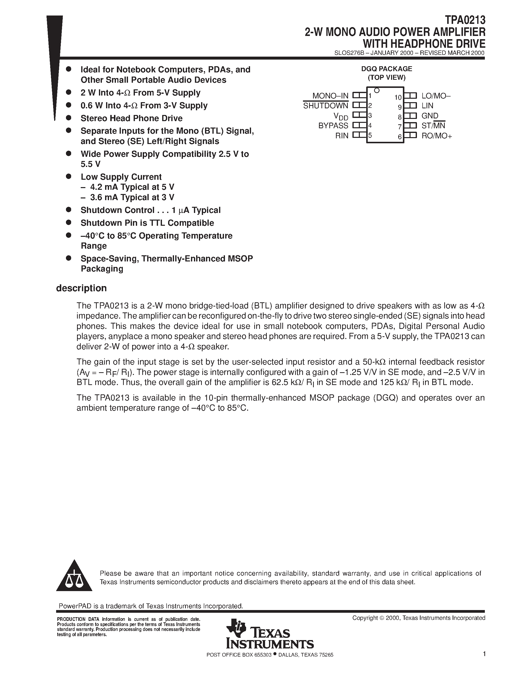 Datasheet TPA0213 - 2-W MONO AUDIO POWER AMPLIFIER WITH HEADPHONE DRIVE page 1