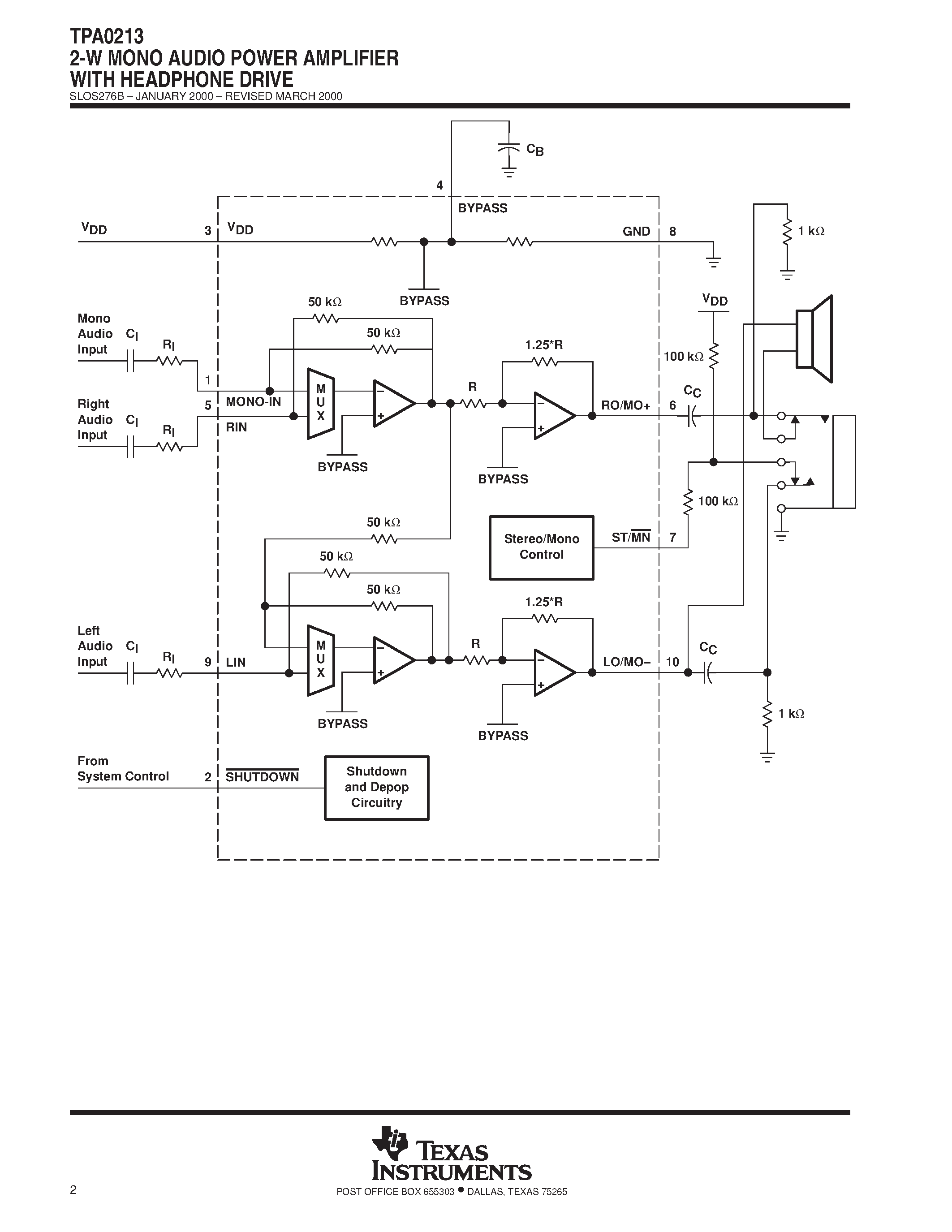 Datasheet TPA0213 - 2-W MONO AUDIO POWER AMPLIFIER WITH HEADPHONE DRIVE page 2