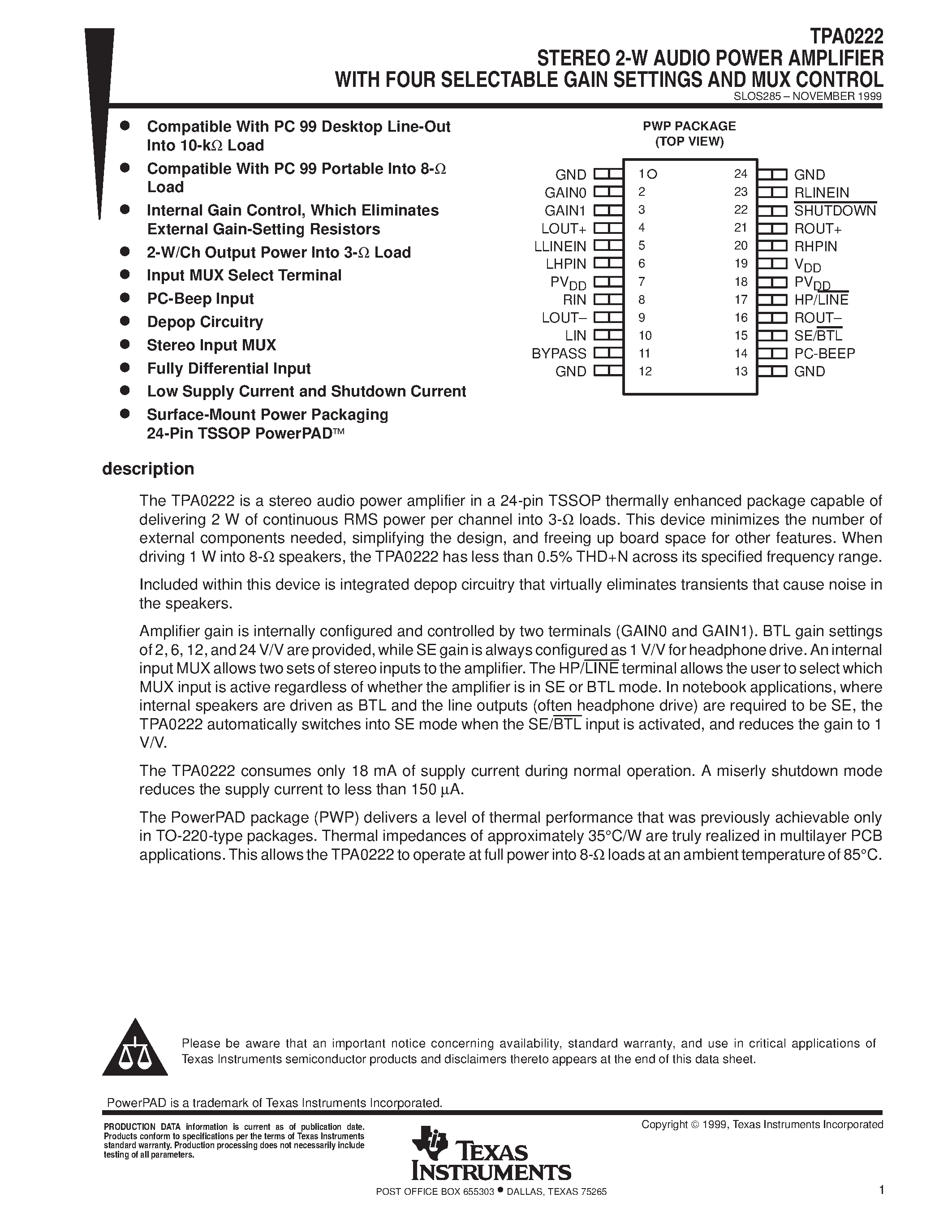 Datasheet TPA0222 - STEREO 2-W AUDIO POWER AMPLIFIER WITH FOUR SELECTABLE GAIN SETTINGS AND MUX CONTROL page 1