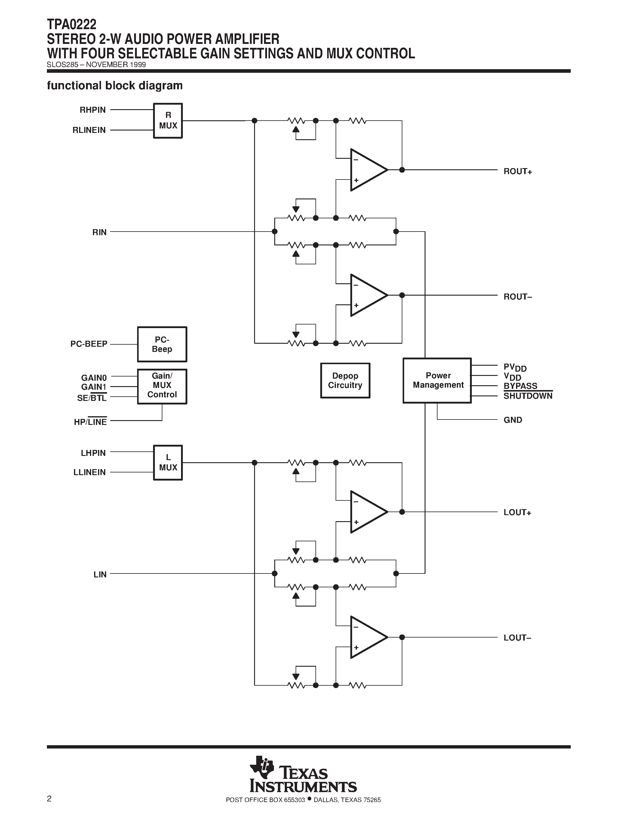 Datasheet TPA0222 - STEREO 2-W AUDIO POWER AMPLIFIER WITH FOUR SELECTABLE GAIN SETTINGS AND MUX CONTROL page 2