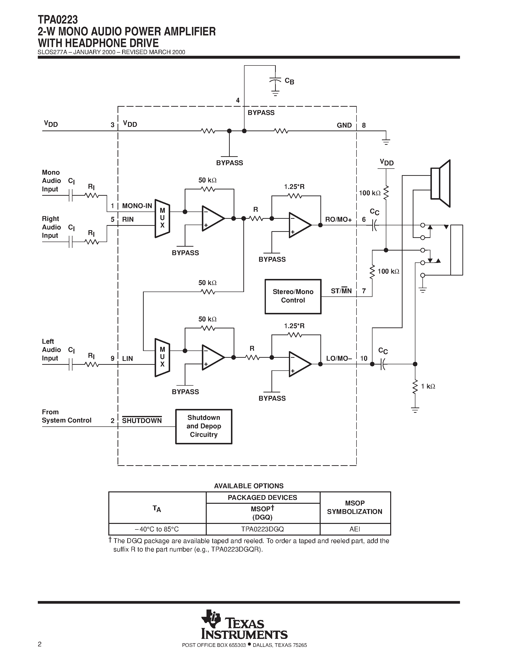Datasheet TPA0223 page 2 Datasheet TPA0223 - 2-W MONO AUDIO POWER AMPLIFIER WITH HEADPHONE DRIVE page 2