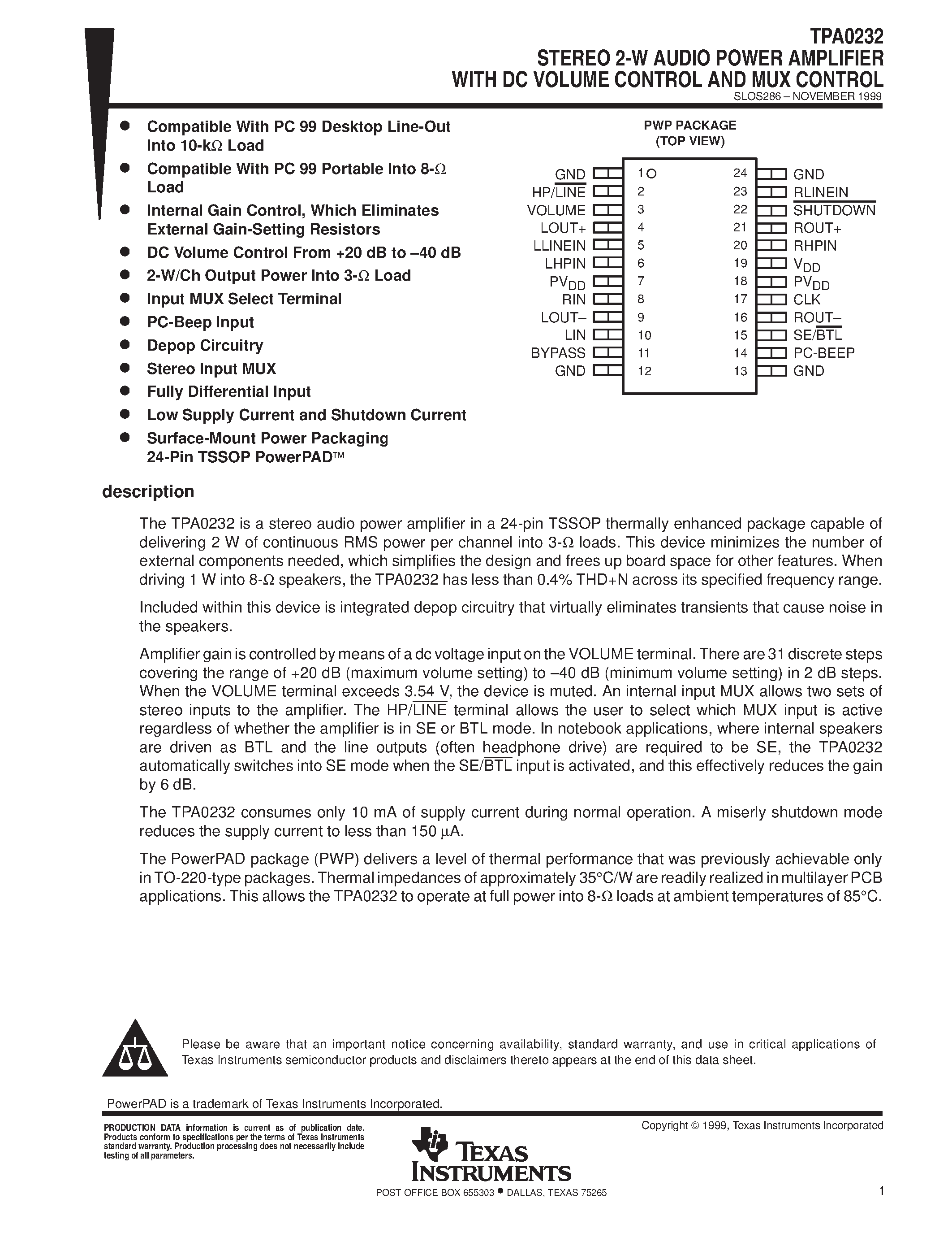 Datasheet TPA0232 - STEREO 2-W AUDIO POWER AMPLIFIER WITH DC VOLUME CONTROL AND MUX CONTROL page 1