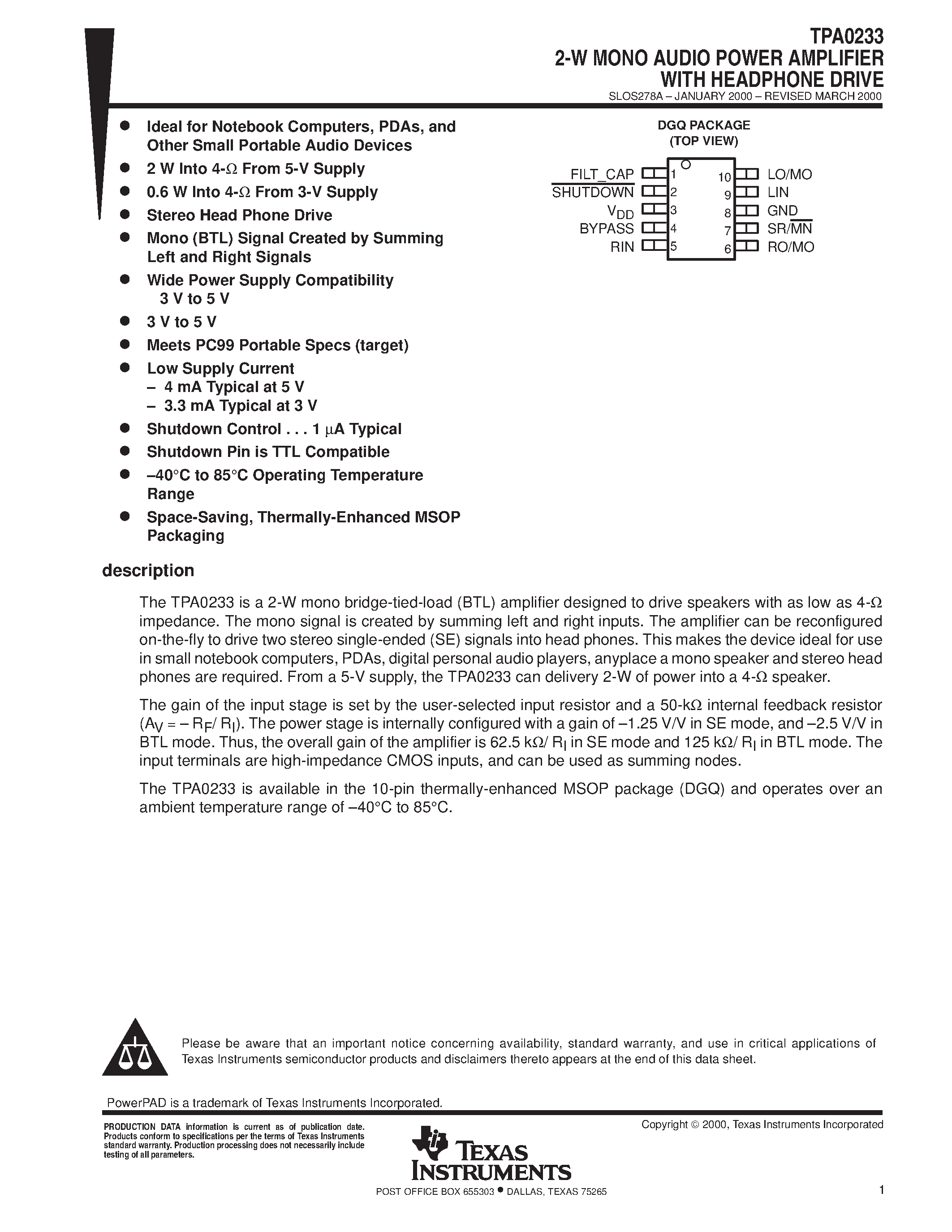 Datasheet TPA0233 - 2-W MONO AUDIO POWER AMPLIFIER WITH HEADPHONE DRIVE page 1