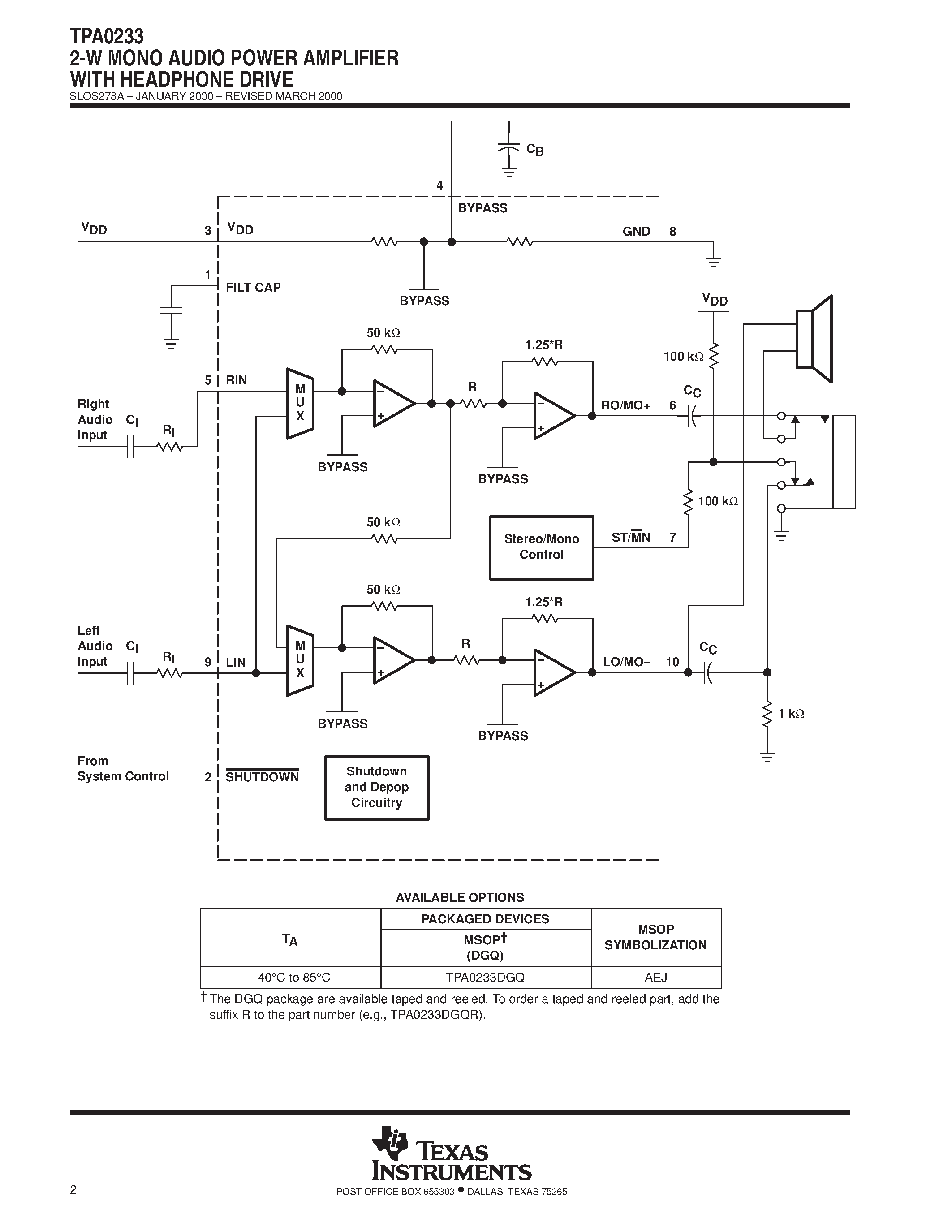 Datasheet TPA0233 - 2-W MONO AUDIO POWER AMPLIFIER WITH HEADPHONE DRIVE page 2