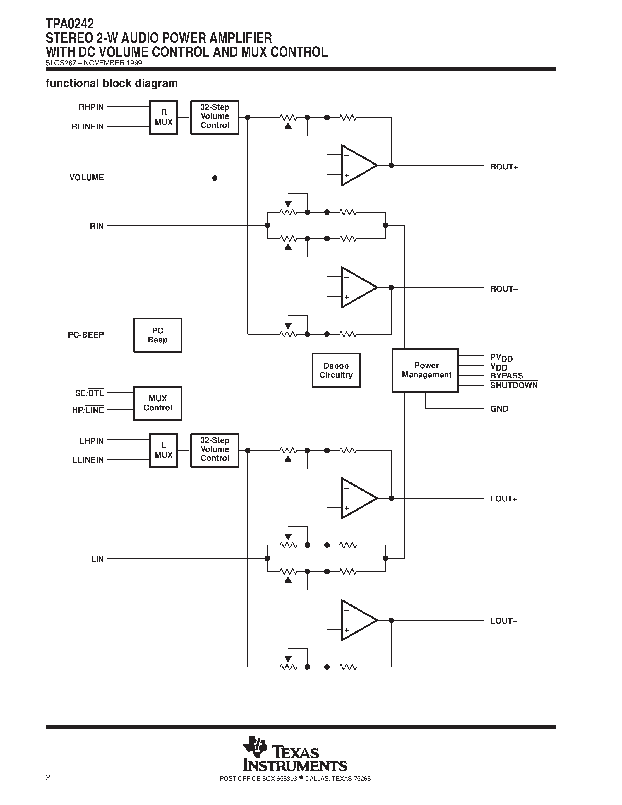 Datasheet TPA0242 - STEREO 2-W AUDIO POWER AMPLIFIER WITH DC VOLUME CONTROL AND MUX CONTROL page 2