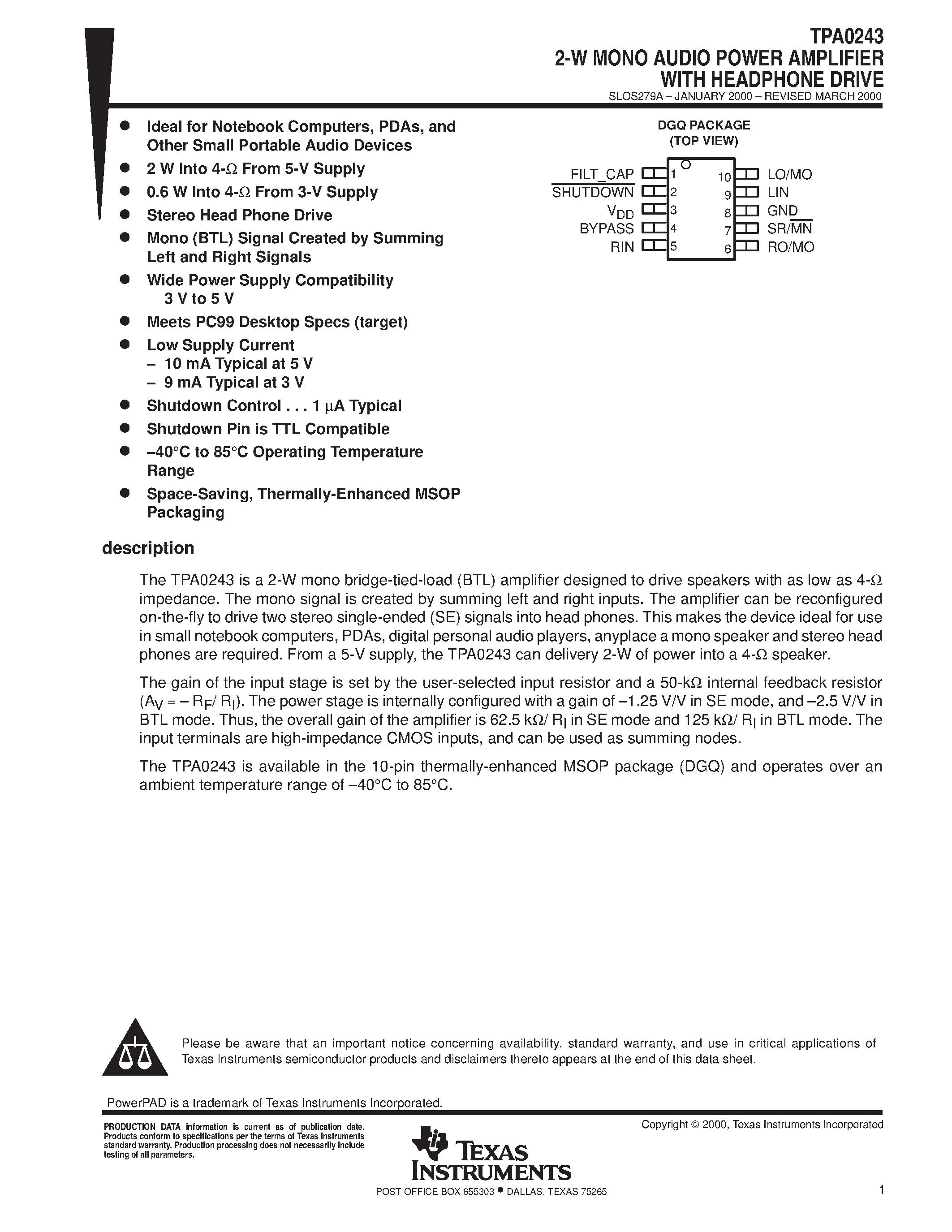 Datasheet TPA0243 - 2-W MONO AUDIO POWER AMPLIFIER WITH HEADPHONE DRIVE page 1