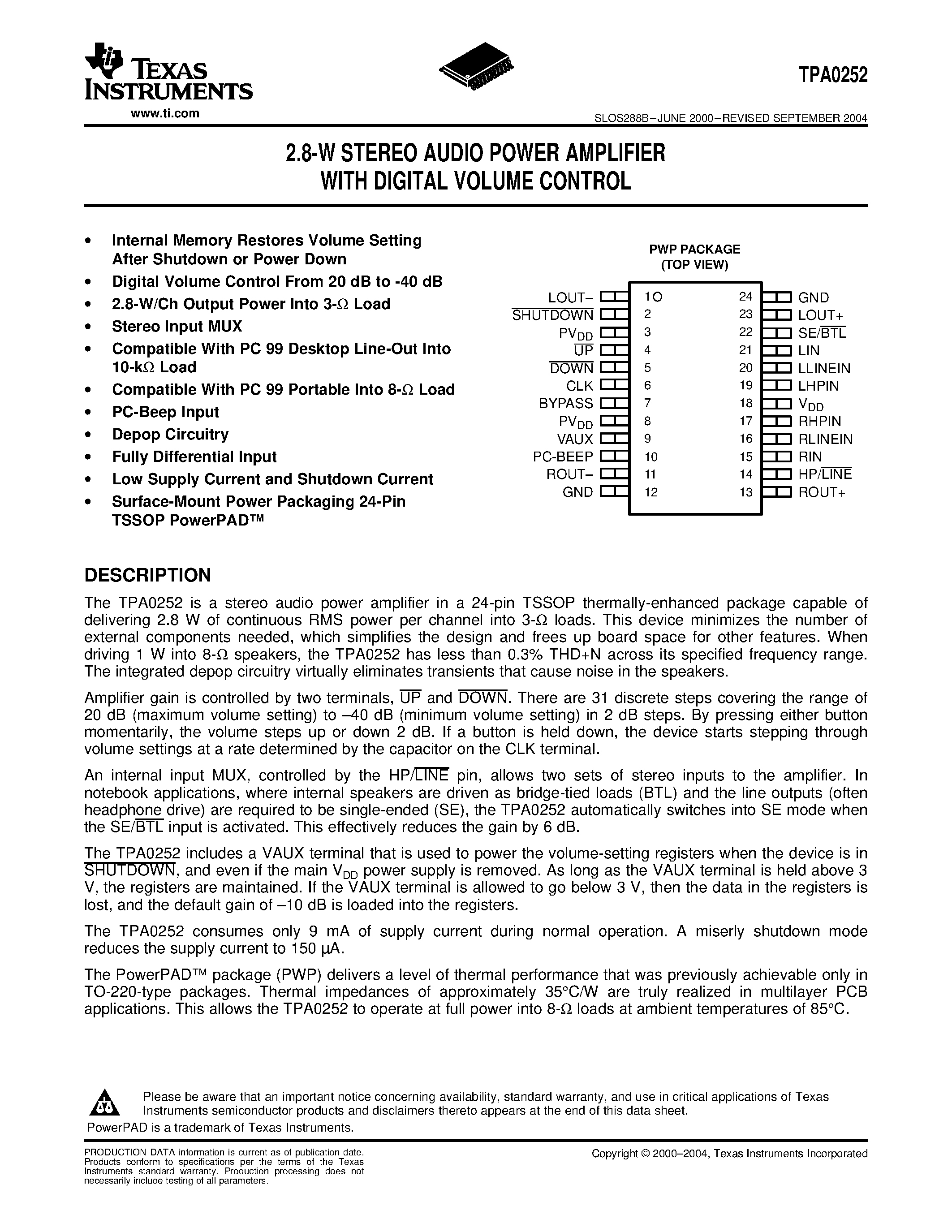 Datasheet TPA0252 - 2.8-W STEREO AUDIO POWER AMPLIFIER WITH DIGITAL VOLUME CONTROL page 1