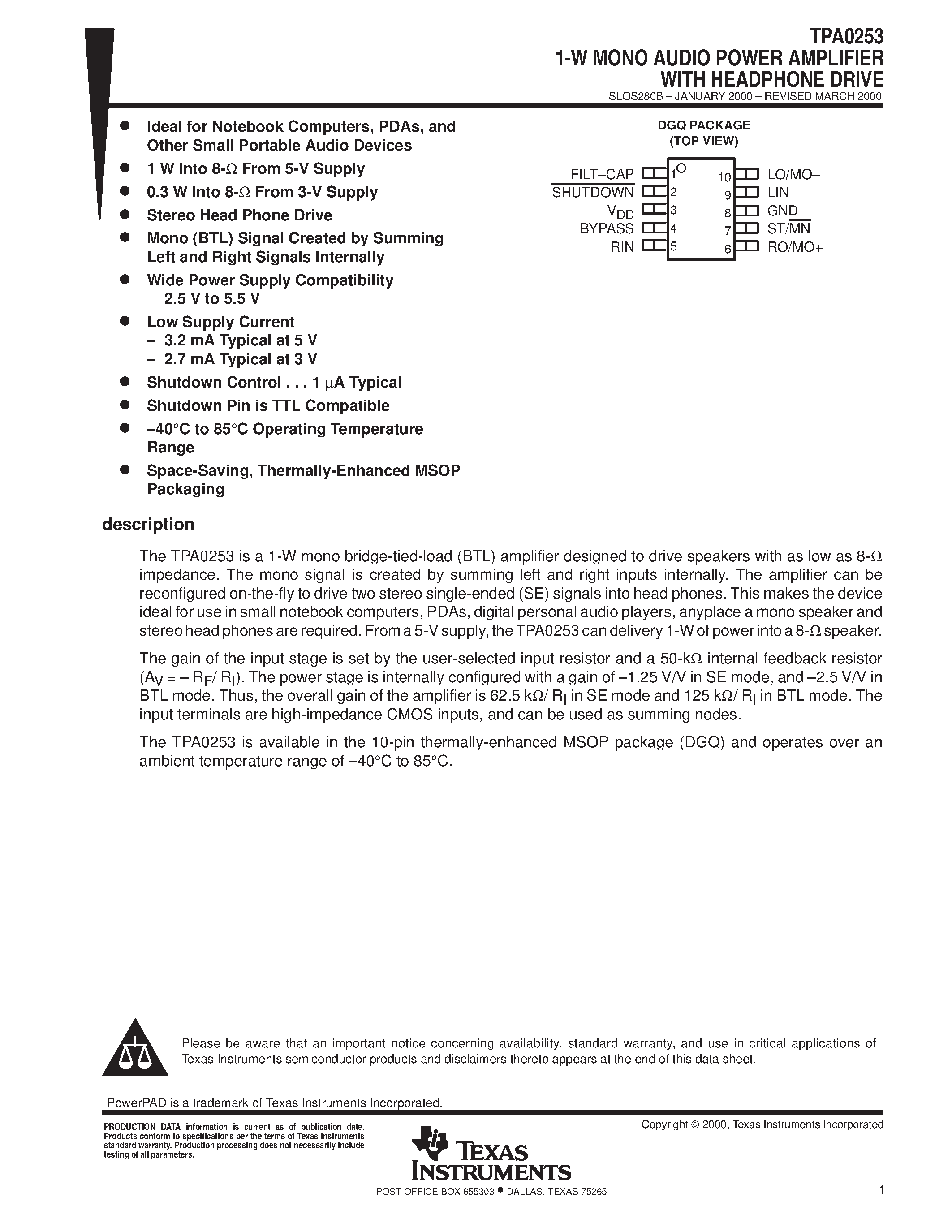 Datasheet TPA0253 - 1-W MONO AUDIO POWER AMPLIFIER WITH HEADPHONE DRIVE page 1