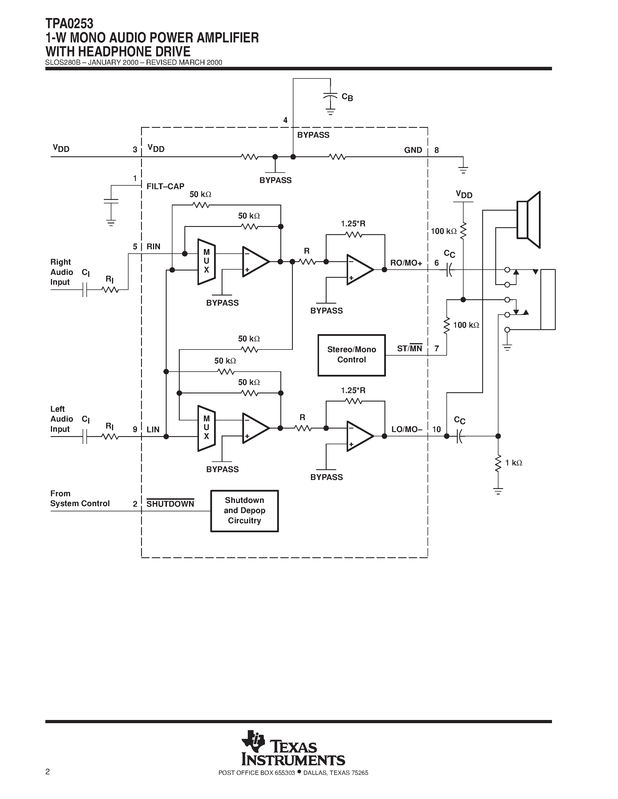 Datasheet TPA0253 - 1-W MONO AUDIO POWER AMPLIFIER WITH HEADPHONE DRIVE page 2