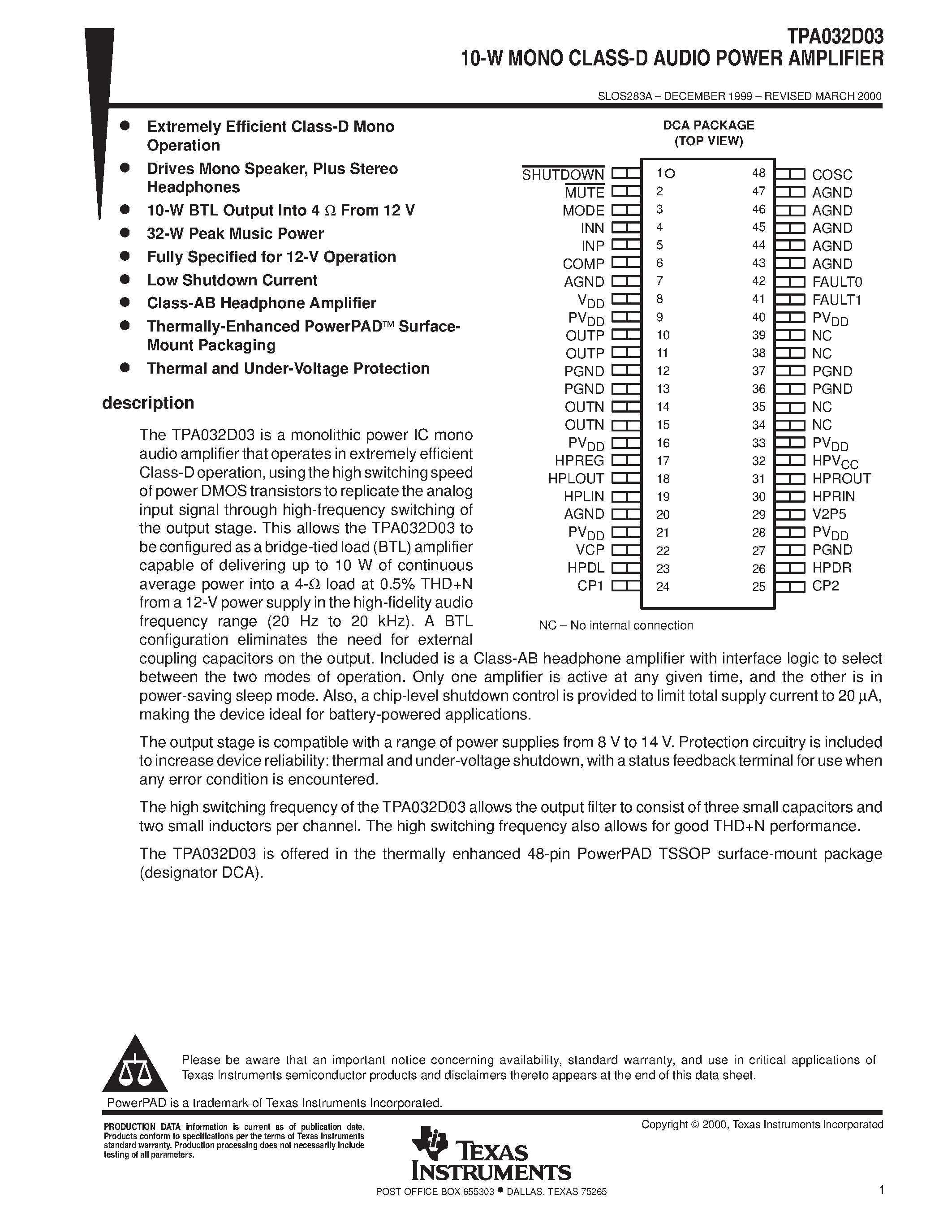 Datasheet TPA032D03 - 10-W MONO CLASS-D AUDIO POWER AMPLIFIER page 1