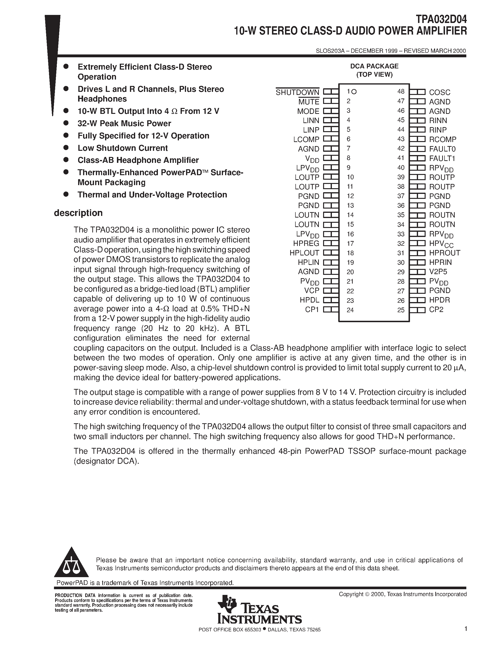 Datasheet TPA032D04 - 10-W STEREO CLASS-D AUDIO POWER AMPLIFIER page 1