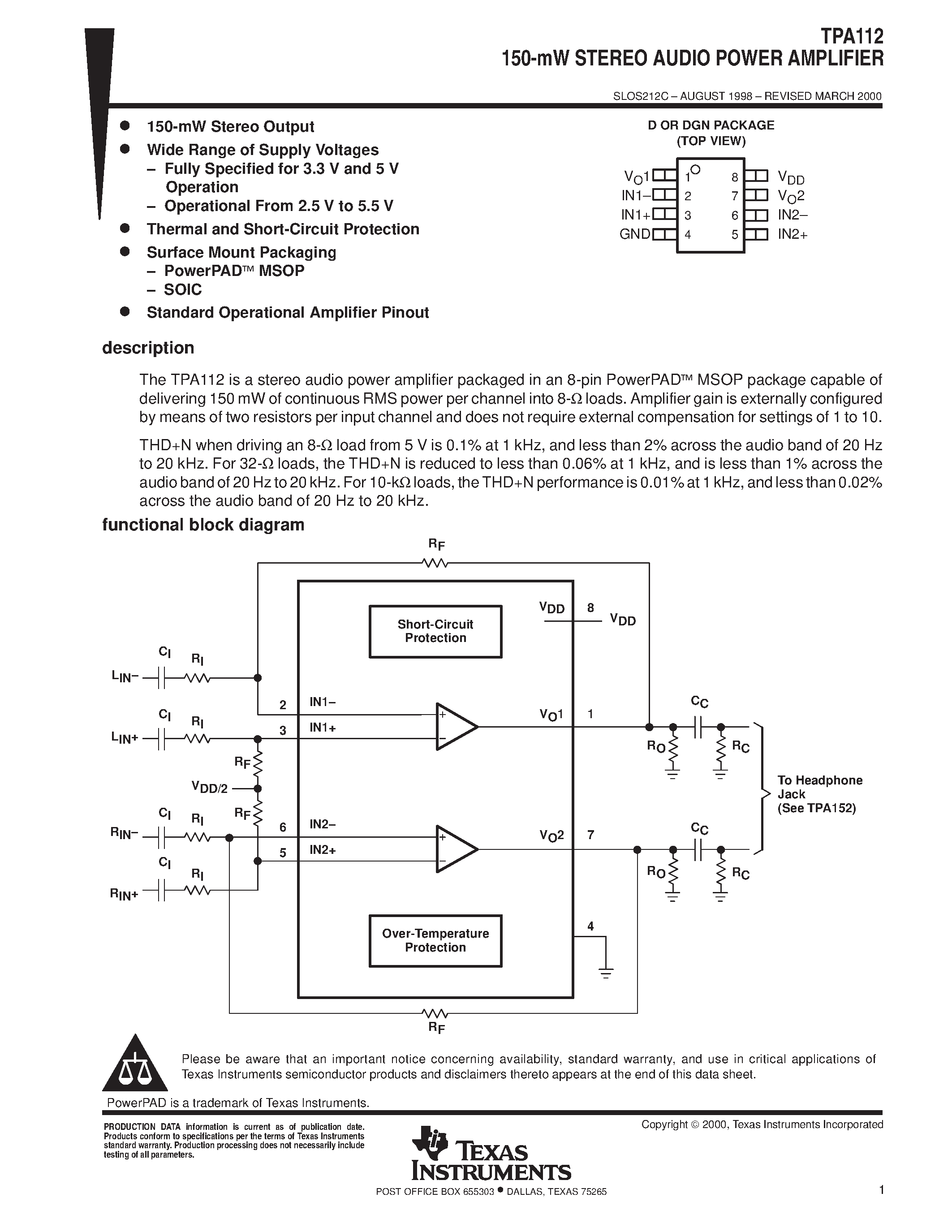 Даташит TPA112 - 150-mW STEREO AUDIO POWER AMPLIFIER страница 1