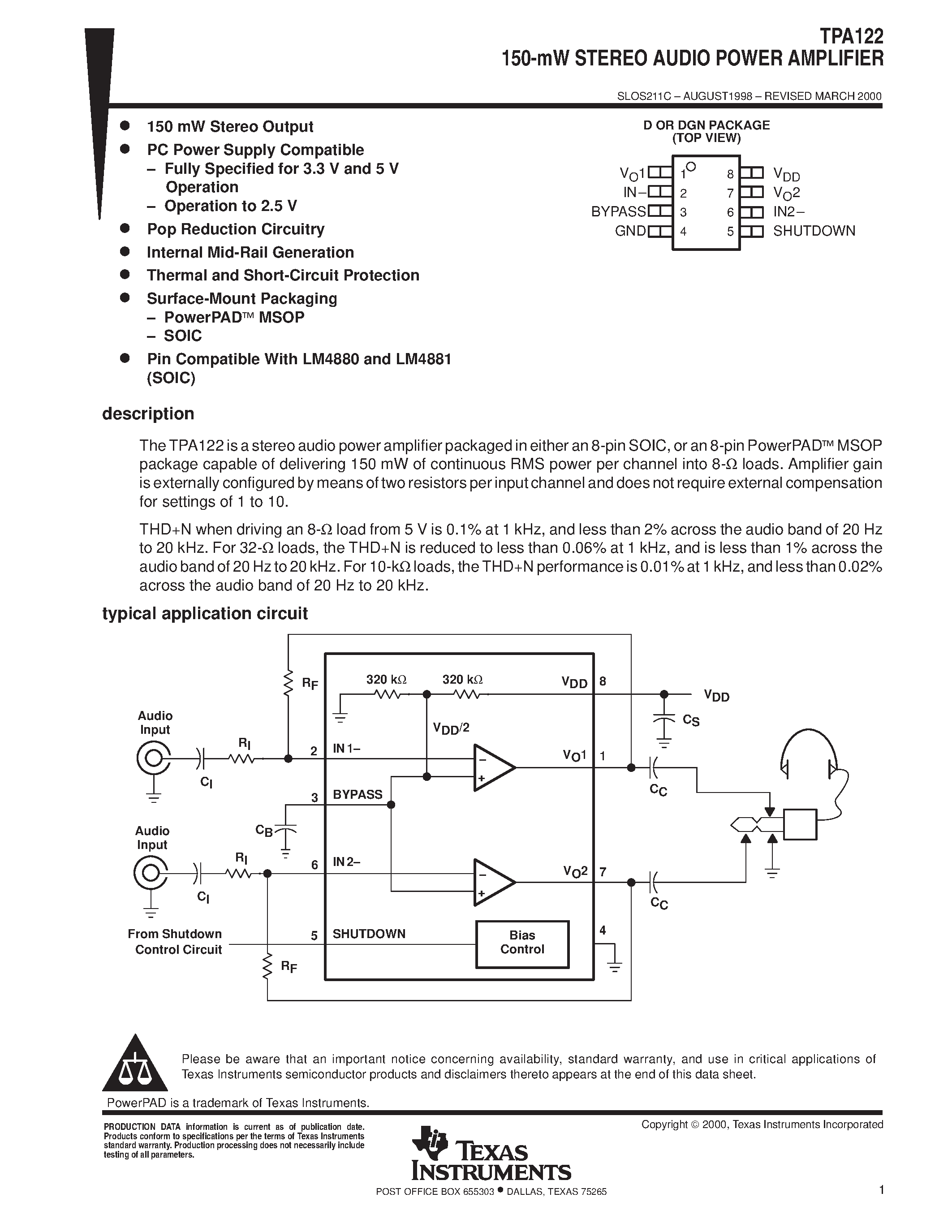 Даташит TPA122 - 150-mW STEREO AUDIO POWER AMPLIFIER страница 1