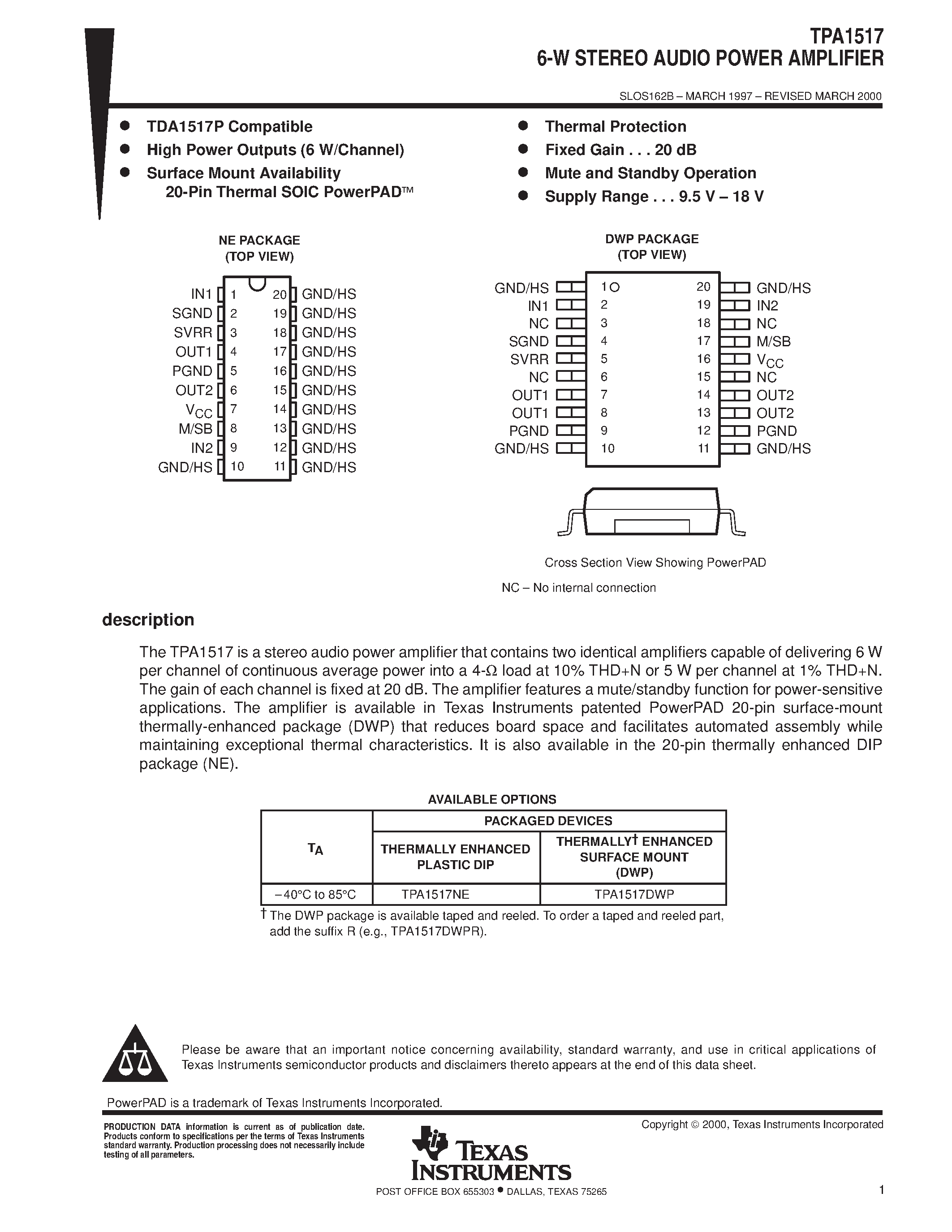 Datasheet TPA1517 - 6-W STEREO AUDIO POWER AMPLIFIER page 1
