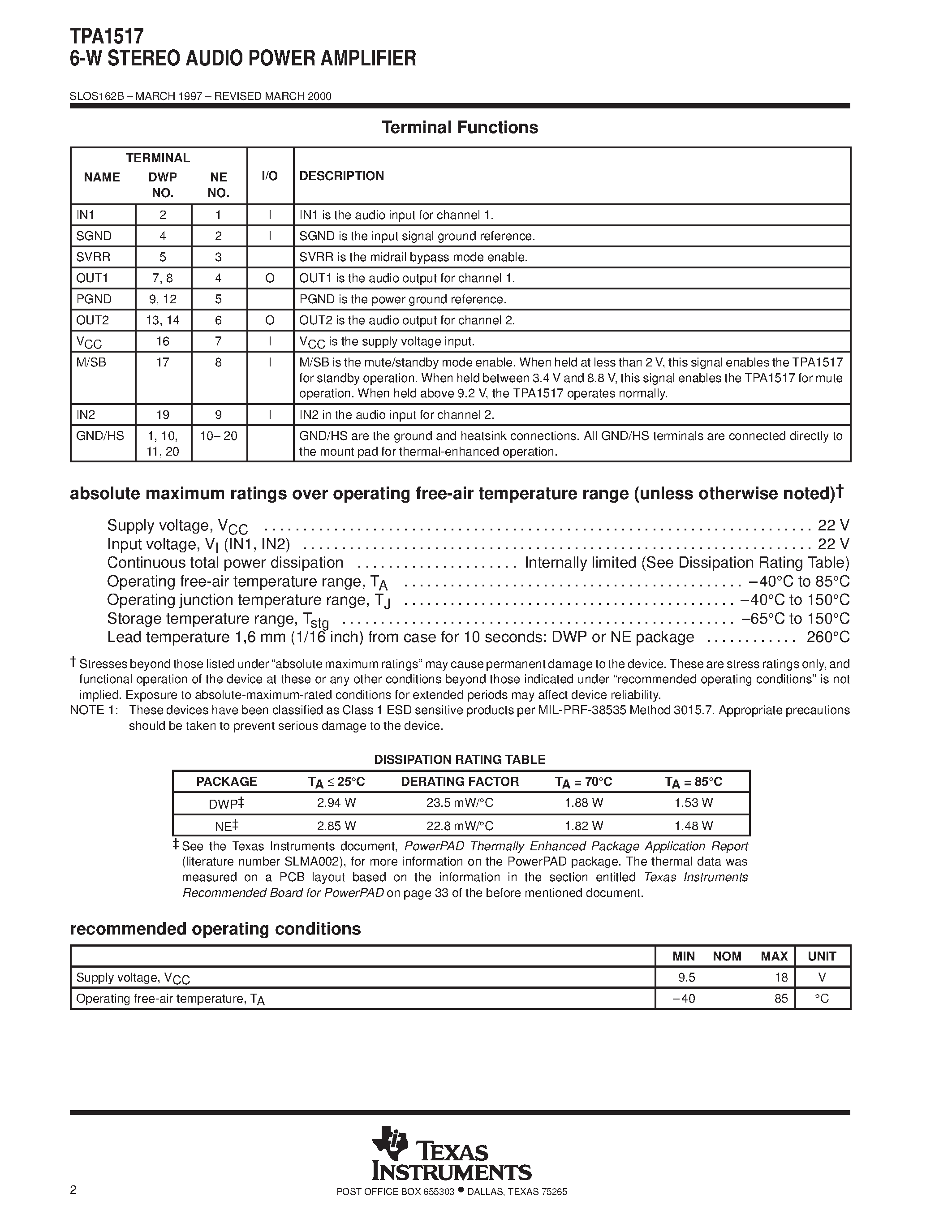 Datasheet TPA1517 - 6-W STEREO AUDIO POWER AMPLIFIER page 2
