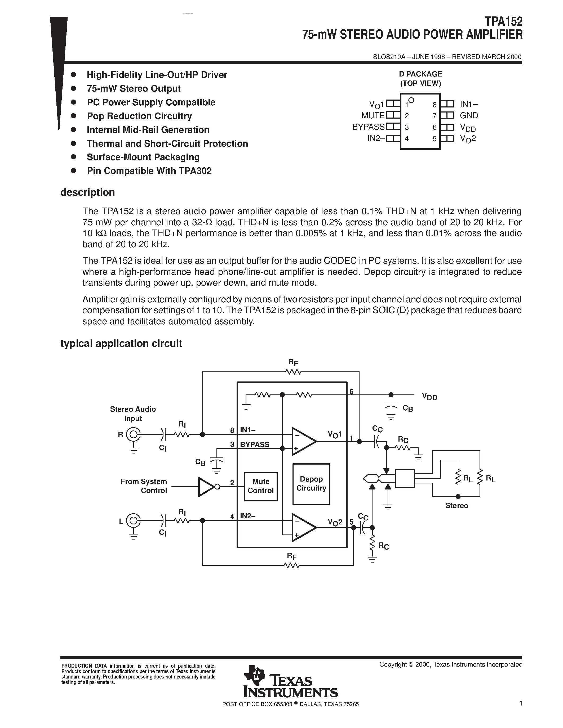 Datasheet TPA152 page 1 Datasheet TPA152 - 75-mW STEREO AUDIO POWER AMPLIFIER page 1