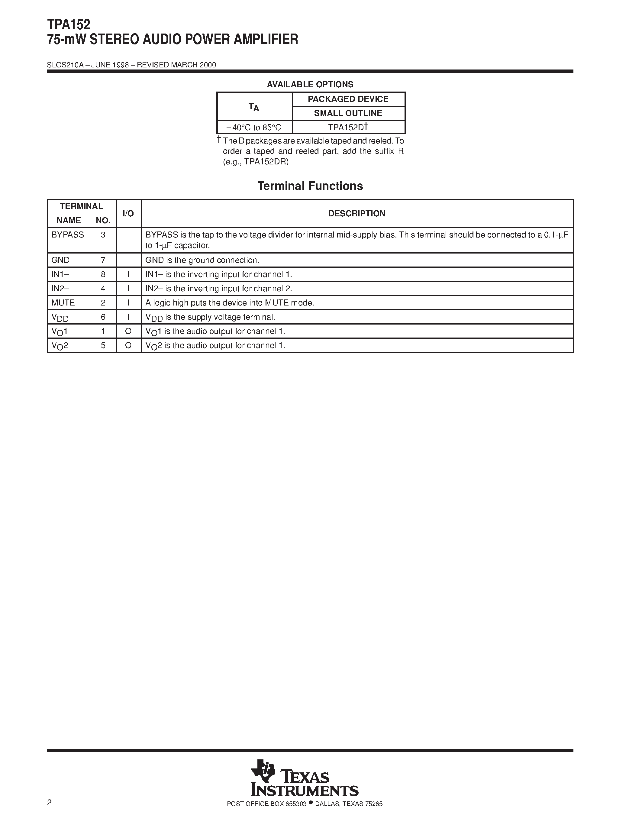 Datasheet TPA152 page 2 Datasheet TPA152 - 75-mW STEREO AUDIO POWER AMPLIFIER page 2