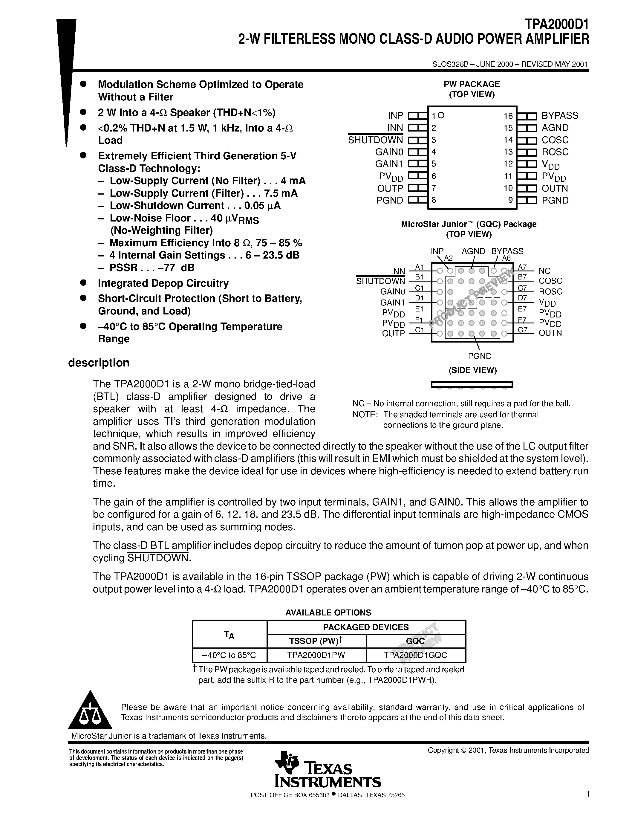 Datasheet TPA2000D1 - 2-W FILTERLESS MONO CLASS-D AUDIO POWER AMPLIFIER page 1