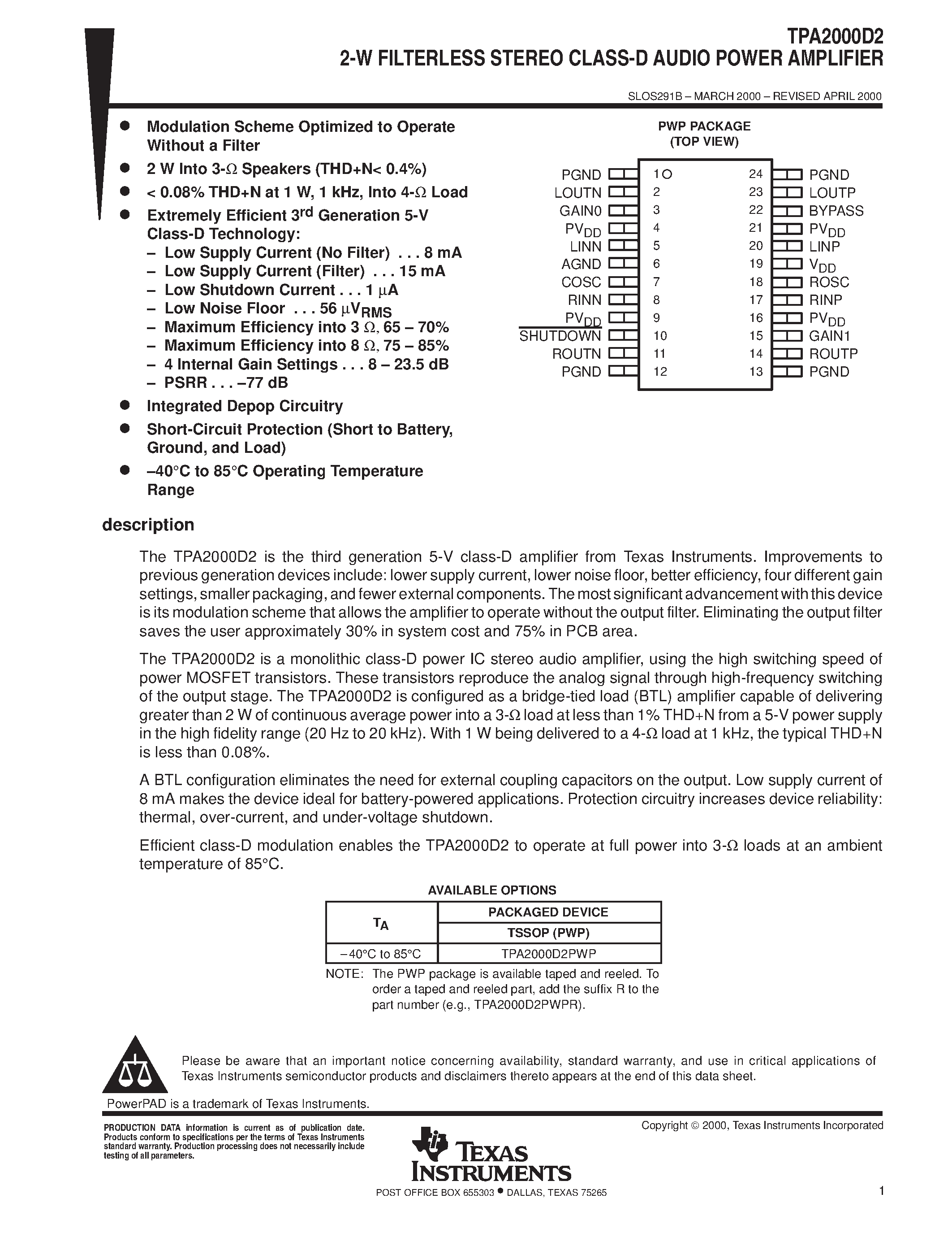 Datasheet TPA2000D2 - 2-W FILTERLESS STEREO CLASS-D AUDIO POWER AMPLIFIER page 1